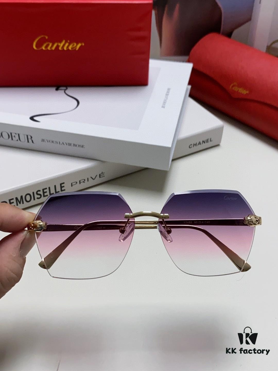 Cartier 2024 New Model Frameless Sunglasses for Women, Classic Leopard Print Temples, Diamond-Cut Edges, Gradient Lenses, Oversized Luxury Sunglasses