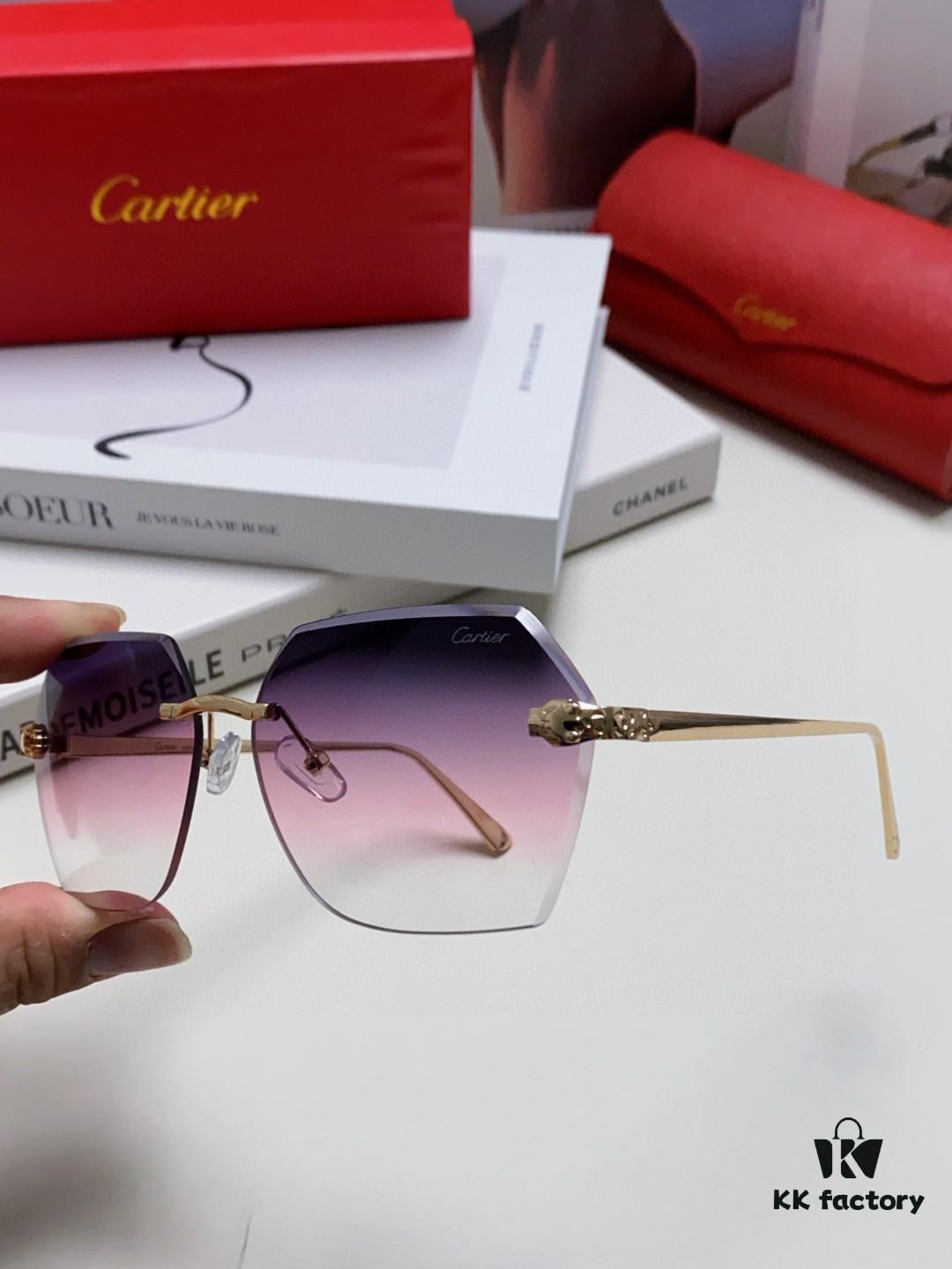 Cartier 2024 New Model Frameless Sunglasses for Women, Classic Leopard Print Temples, Diamond-Cut Edges, Gradient Lenses, Oversized Luxury Sunglasses