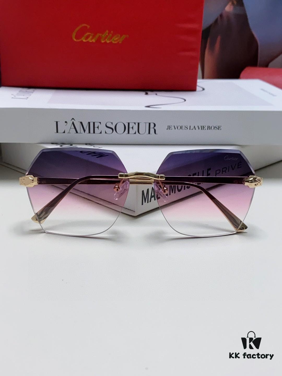 Cartier 2024 New Model Frameless Sunglasses for Women, Classic Leopard Print Temples, Diamond-Cut Edges, Gradient Lenses, Oversized Luxury Sunglasses
