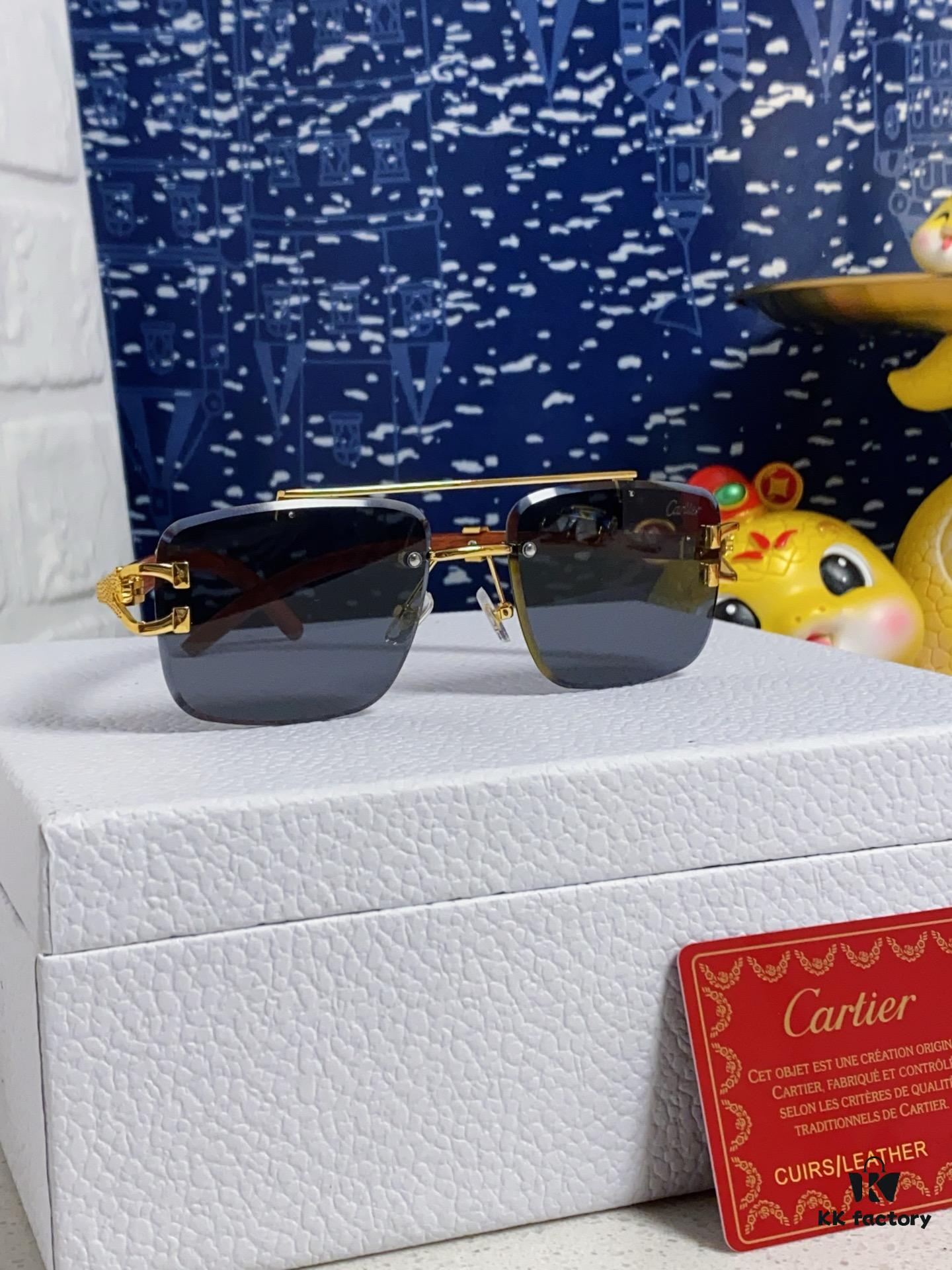 6931fb783a89a121ed54c244 Cartier 2025 New Arrival Wooden Texture Panther Decorated Frameless Bar Square Sunglasses, Gradient Color Tinted Lens, Fashion Retro Street Style Sun Glasses