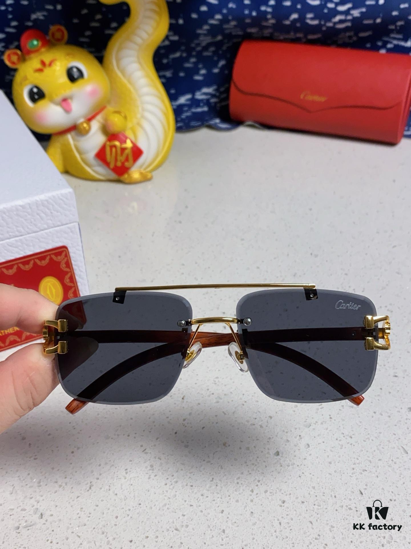 6931fb783a89a121ed54c246 Cartier 2025 New Arrival Wooden Texture Panther Decorated Frameless Bar Square Sunglasses, Gradient Color Tinted Lens, Fashion Retro Street Style Sun Glasses