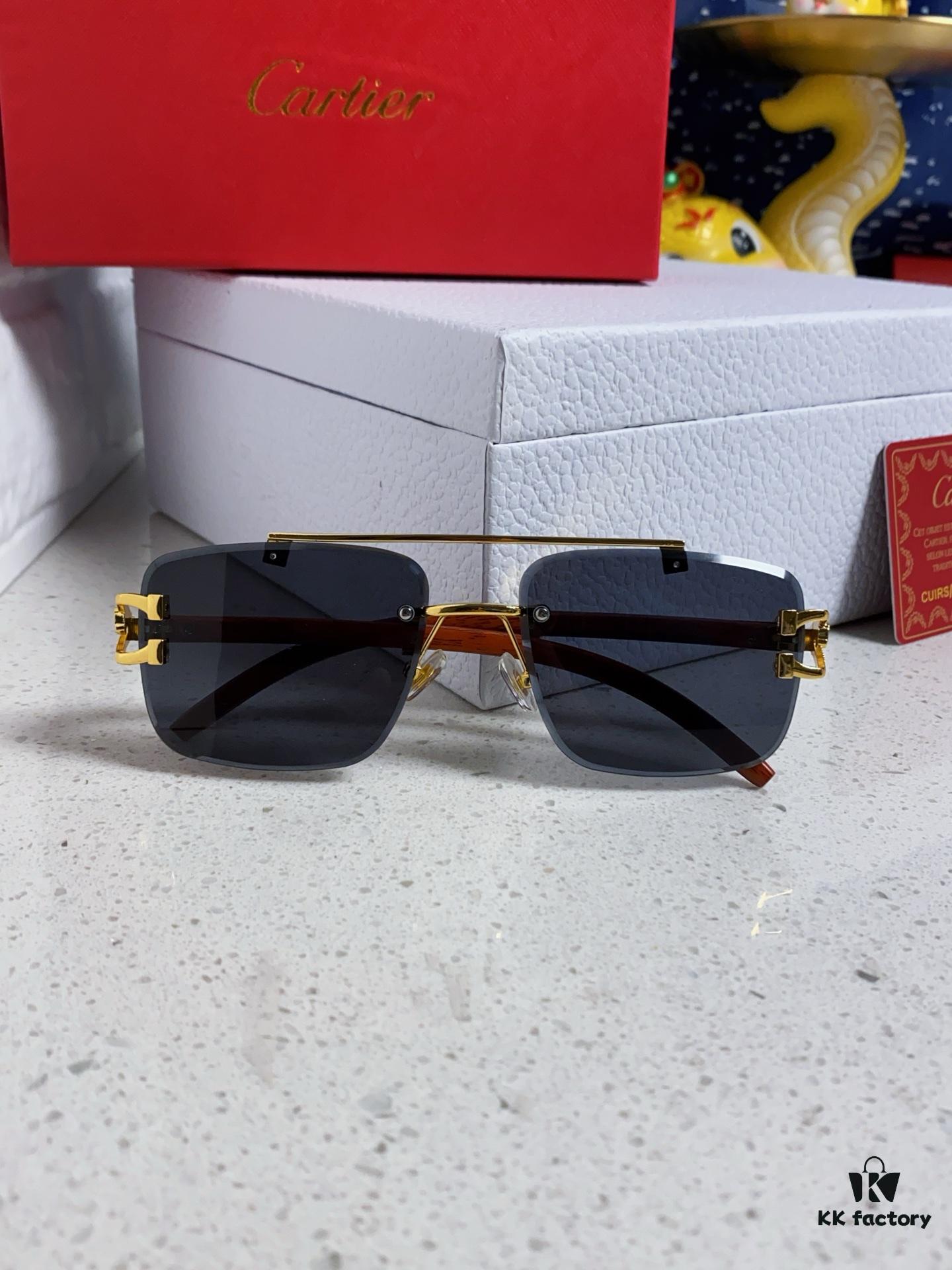 6931fb783a89a121ed54c24a Cartier 2025 New Arrival Wooden Texture Panther Decorated Frameless Bar Square Sunglasses, Gradient Color Tinted Lens, Fashion Retro Street Style Sun Glasses