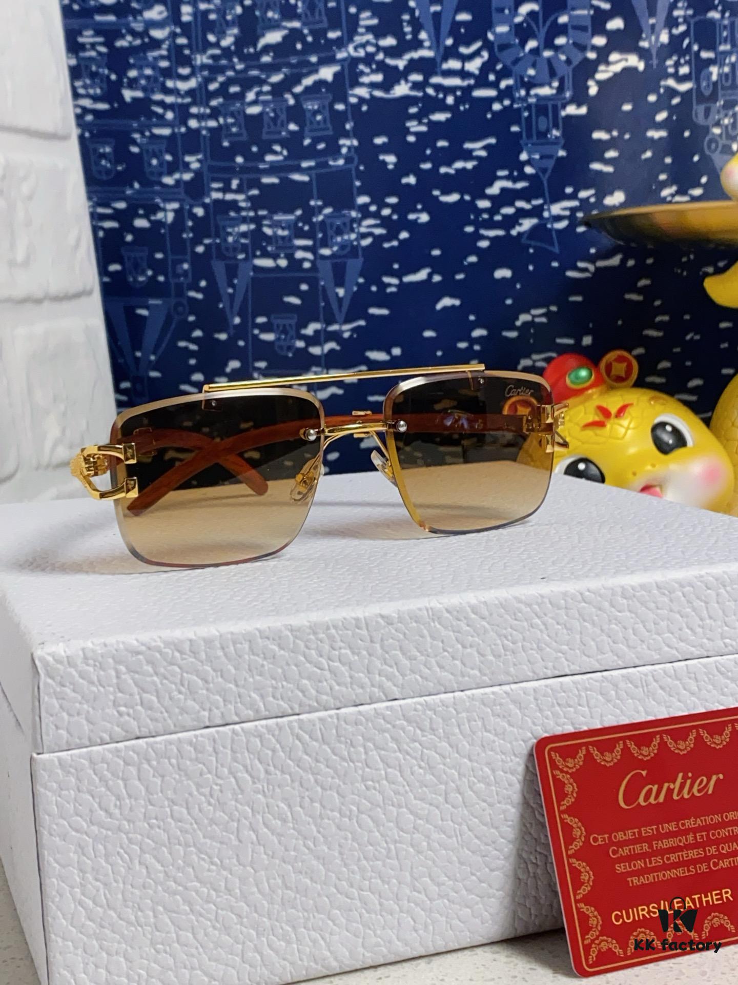 6931fb793a89a121ed54c24f Cartier 2025 New Wooden Texture Panther Decorated Frameless Bar Square Sunglasses, Fashionable Retro Gradient Color Sunglasses for Street Snap