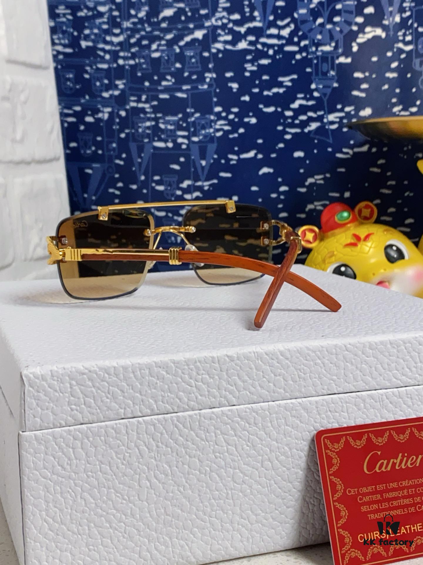 6931fb793a89a121ed54c250 Cartier 2025 New Wooden Texture Panther Decorated Frameless Bar Square Sunglasses, Fashionable Retro Gradient Color Sunglasses for Street Snap
