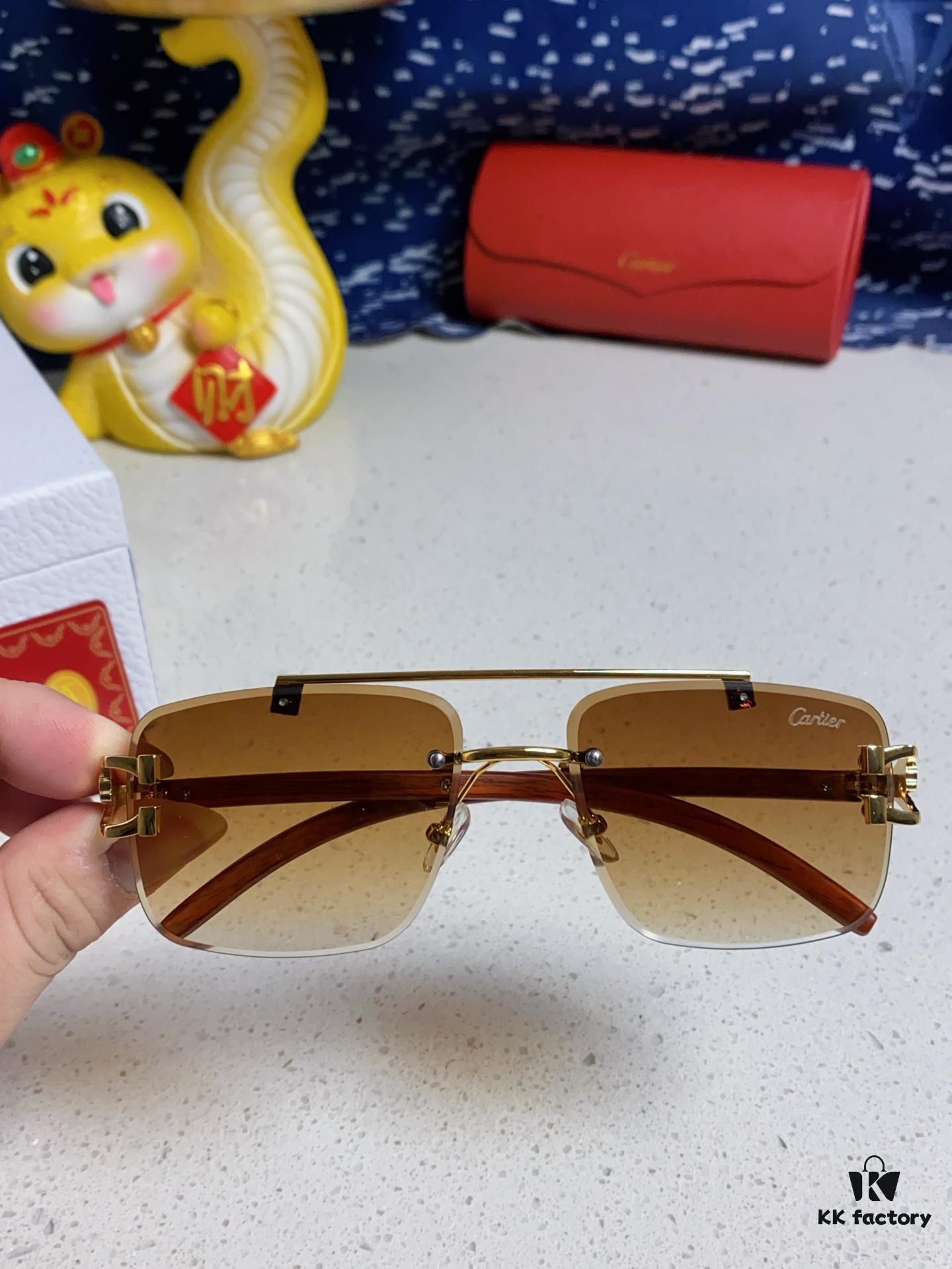 6931fb793a89a121ed54c251 Cartier 2025 New Wooden Texture Panther Decorated Frameless Bar Square Sunglasses, Fashionable Retro Gradient Color Sunglasses for Street Snap