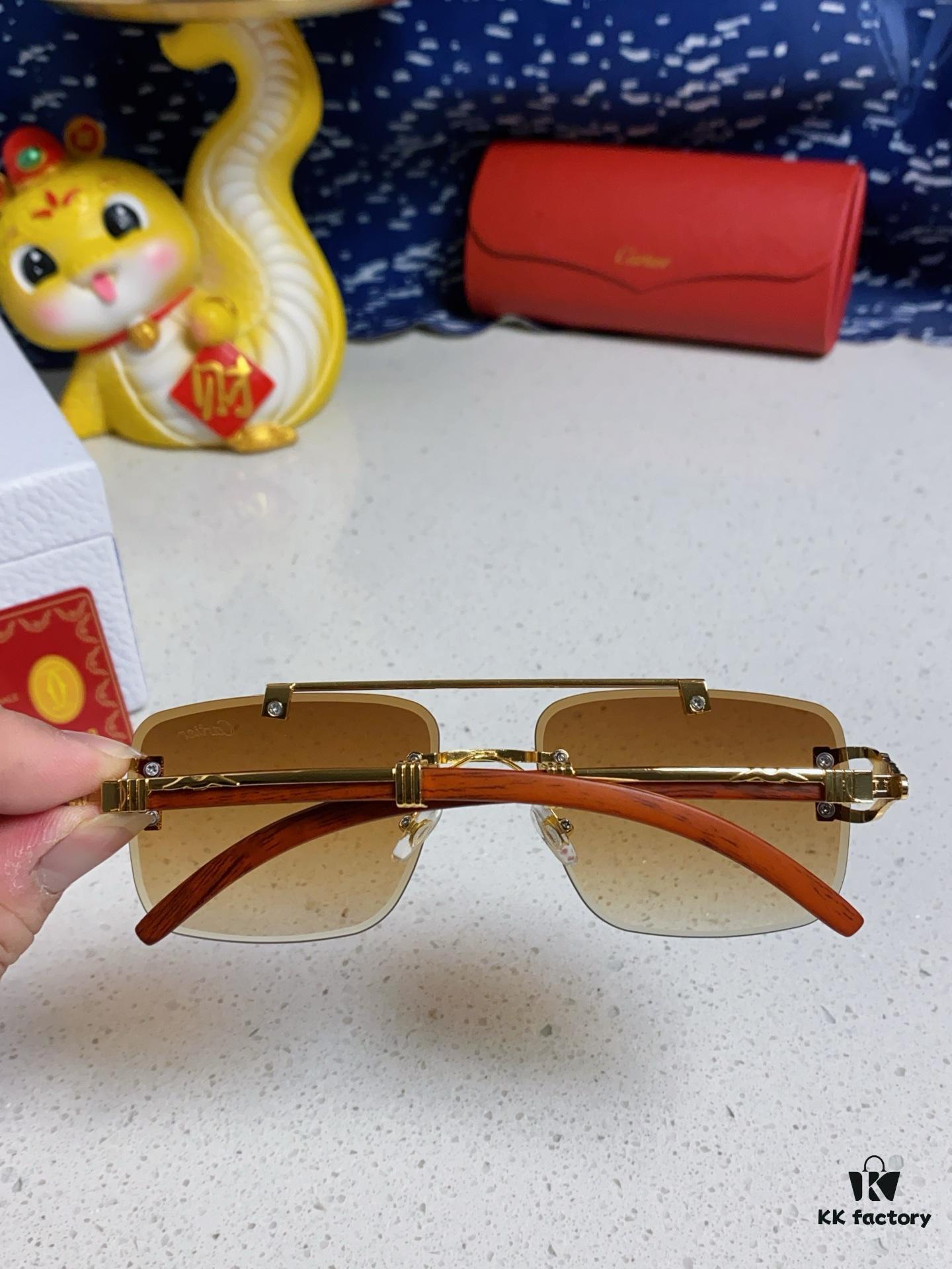 6931fb793a89a121ed54c252 Cartier 2025 New Wooden Texture Panther Decorated Frameless Bar Square Sunglasses, Fashionable Retro Gradient Color Sunglasses for Street Snap
