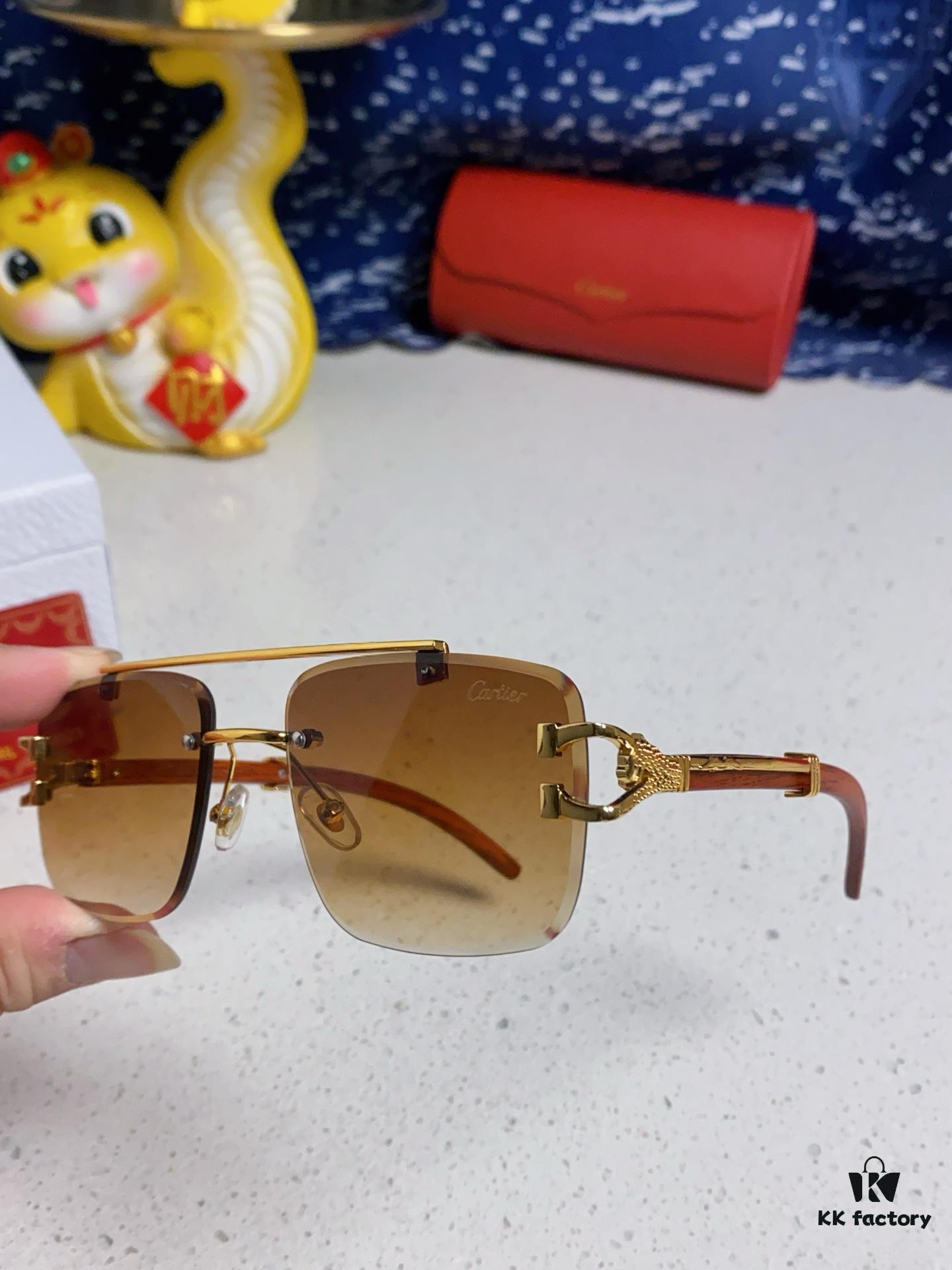 6931fb793a89a121ed54c253 Cartier 2025 New Wooden Texture Panther Decorated Frameless Bar Square Sunglasses, Fashionable Retro Gradient Color Sunglasses for Street Snap