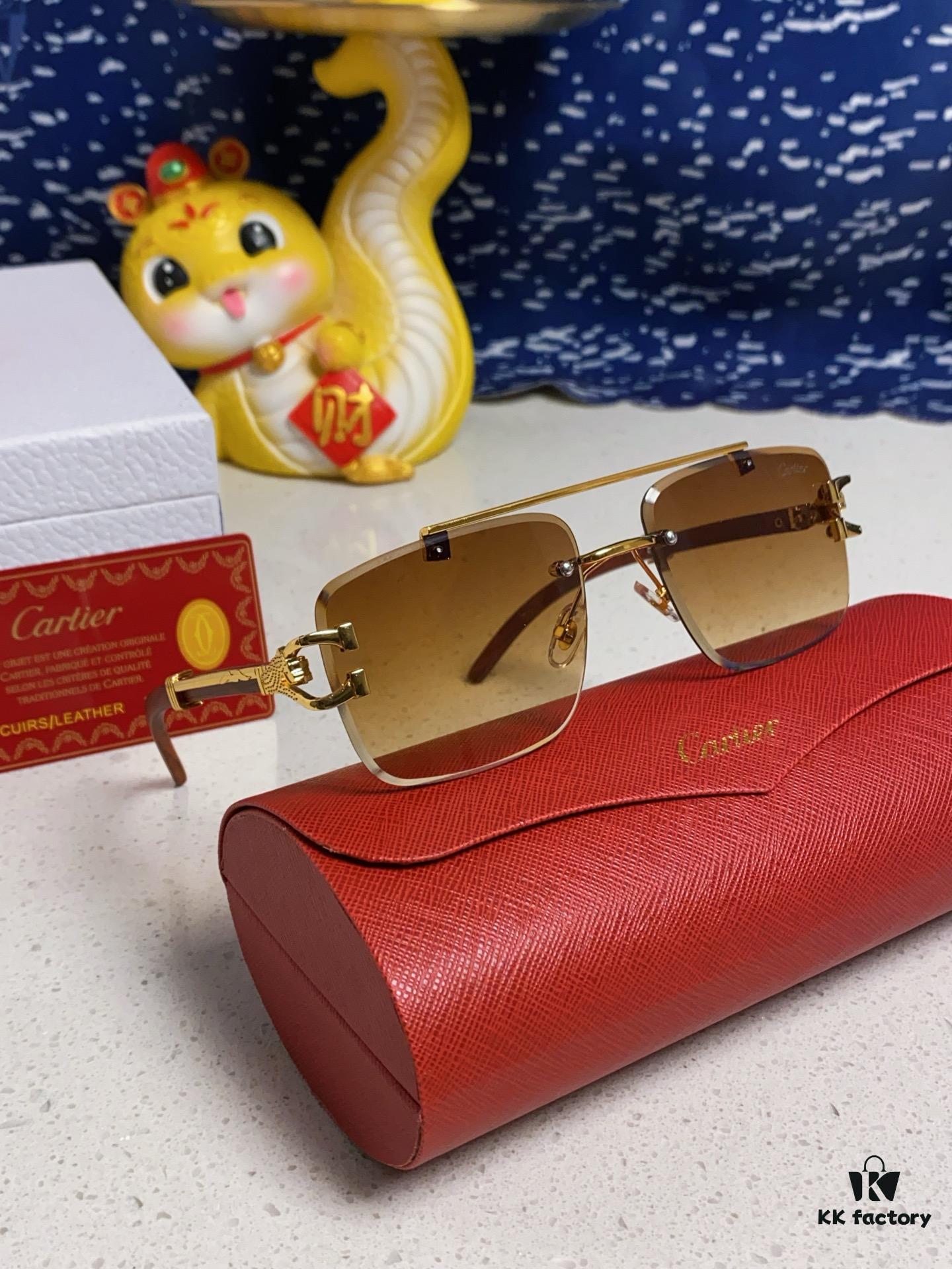 6931fb793a89a121ed54c256 Cartier 2025 New Wooden Texture Panther Decorated Frameless Bar Square Sunglasses, Fashionable Retro Gradient Color Sunglasses for Street Snap