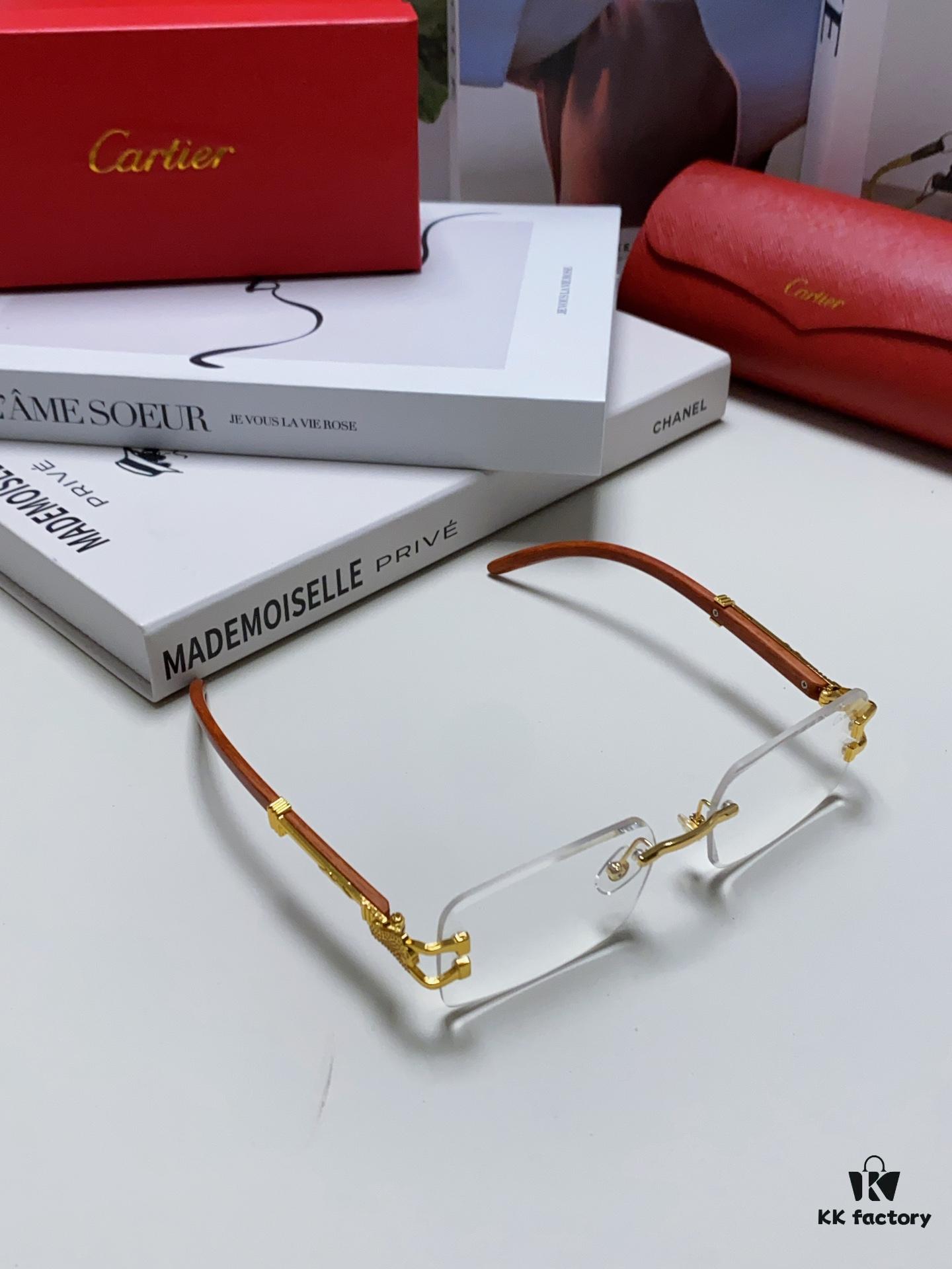 6931fbde3a89a121ed54c6fe Cartier 2024 New Fashion Rimless Sunglasses with Leopard Print and Wood-Grain Temples, Square Unisex Eyewear Suitable for Prescription Lenses