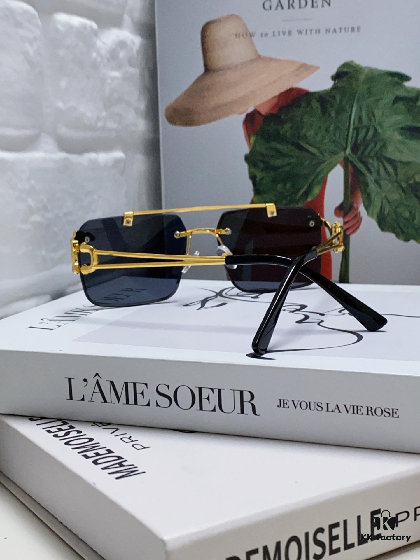 6931fc063a89a121ed54c918 Cartier Unisex Double-Bar Cutout Rimless Sunglasses with Leopard Head Ornament, Vintage Bold and Elegant Style