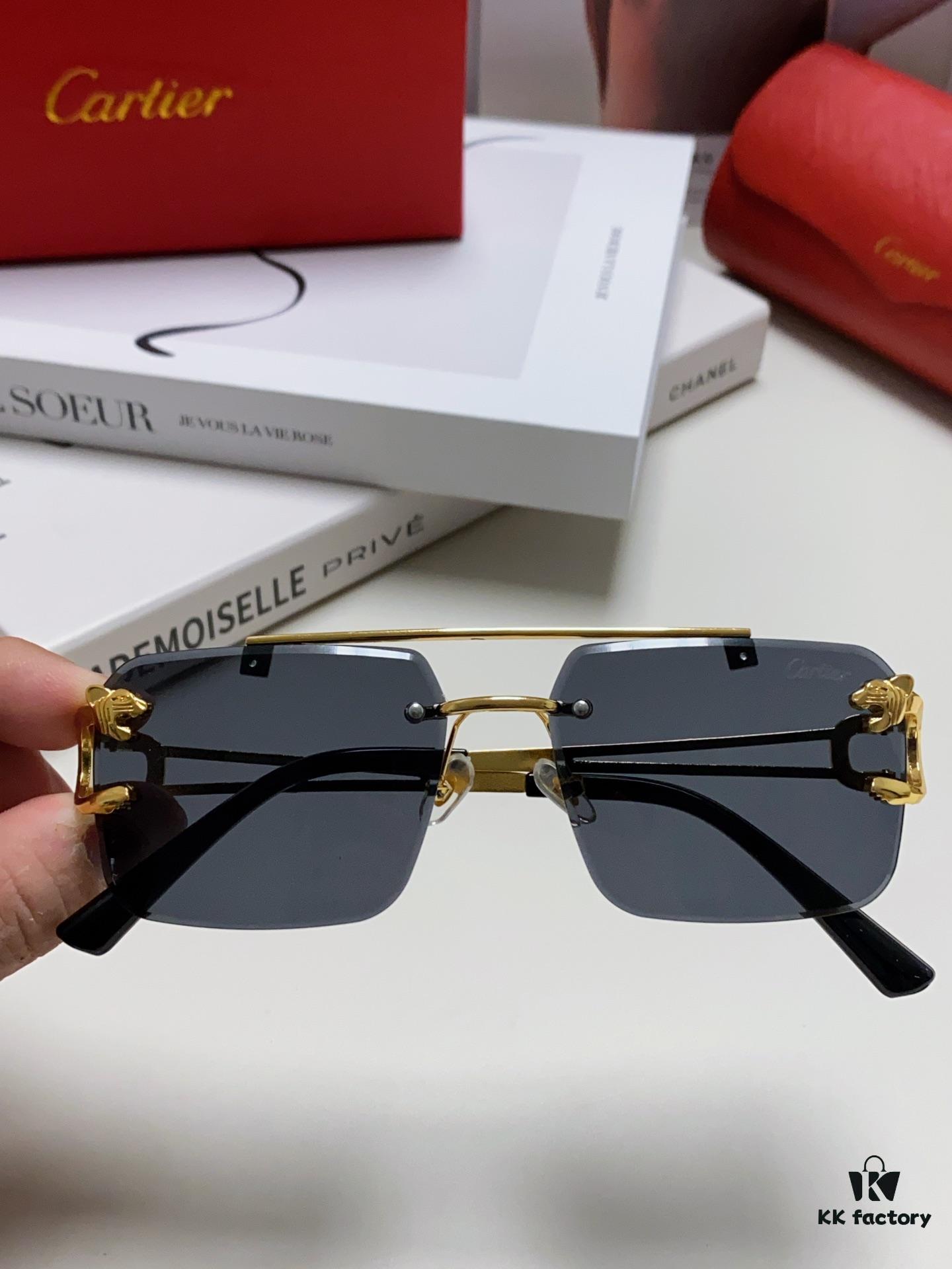 6931fc063a89a121ed54c919 Cartier Unisex Double-Bar Cutout Rimless Sunglasses with Leopard Head Ornament, Vintage Bold and Elegant Style