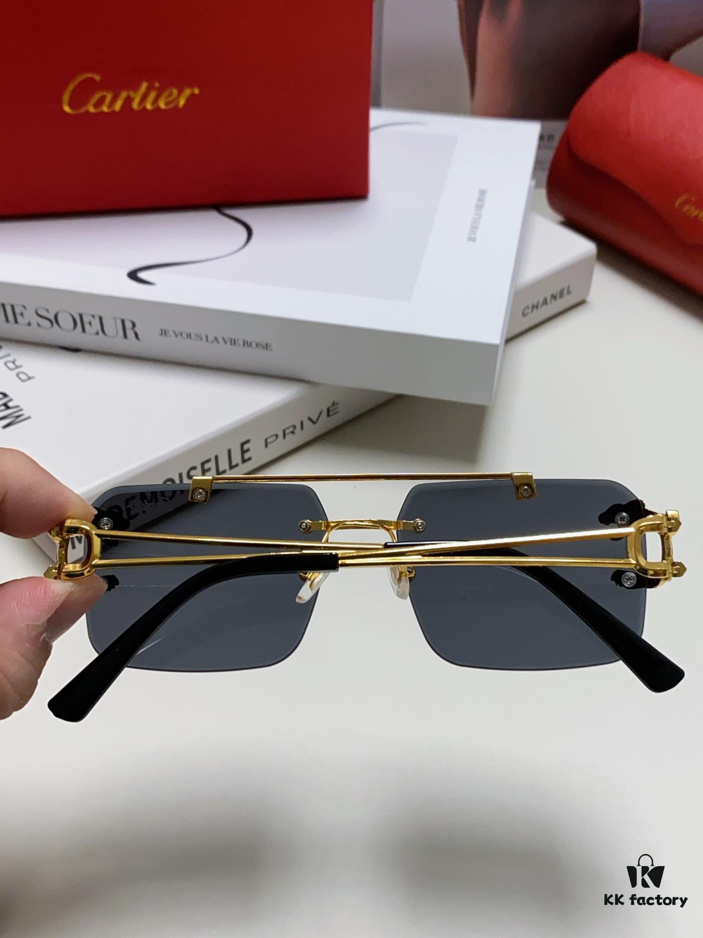 6931fc063a89a121ed54c91a Cartier Unisex Double-Bar Cutout Rimless Sunglasses with Leopard Head Ornament, Vintage Bold and Elegant Style