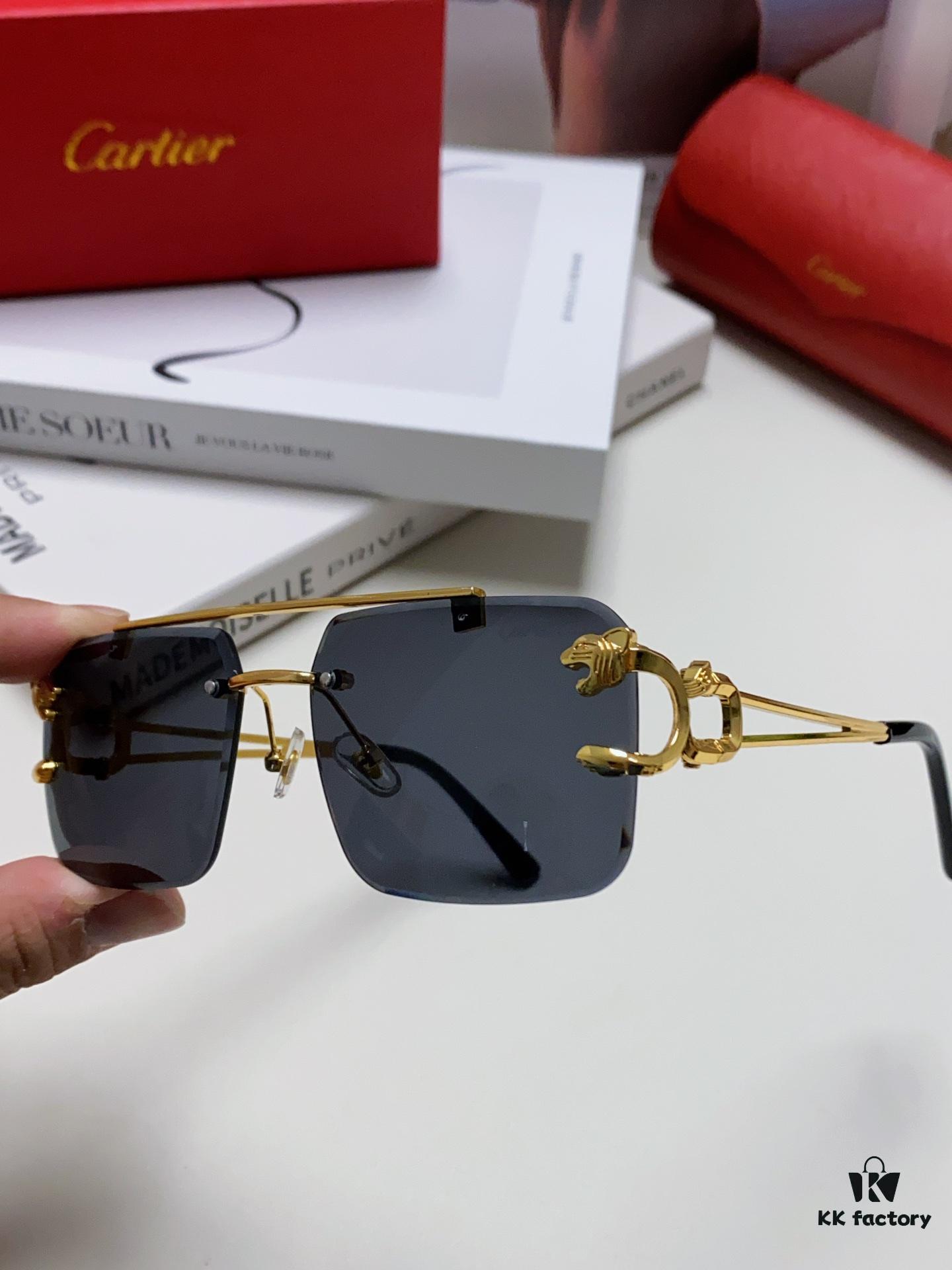 6931fc063a89a121ed54c91b Cartier Unisex Double-Bar Cutout Rimless Sunglasses with Leopard Head Ornament, Vintage Bold and Elegant Style