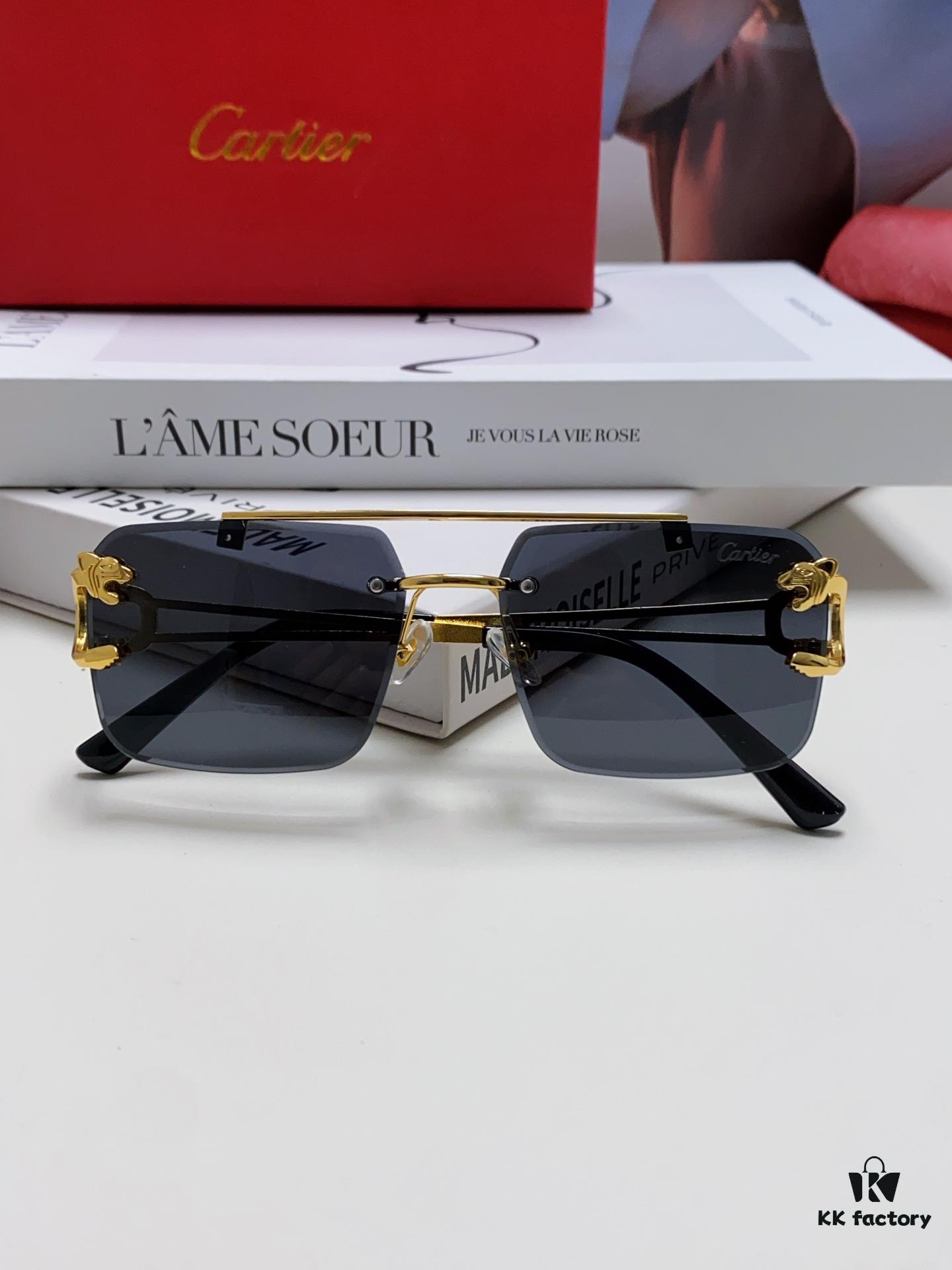 6931fc063a89a121ed54c91c Cartier Unisex Double-Bar Cutout Rimless Sunglasses with Leopard Head Ornament, Vintage Bold and Elegant Style