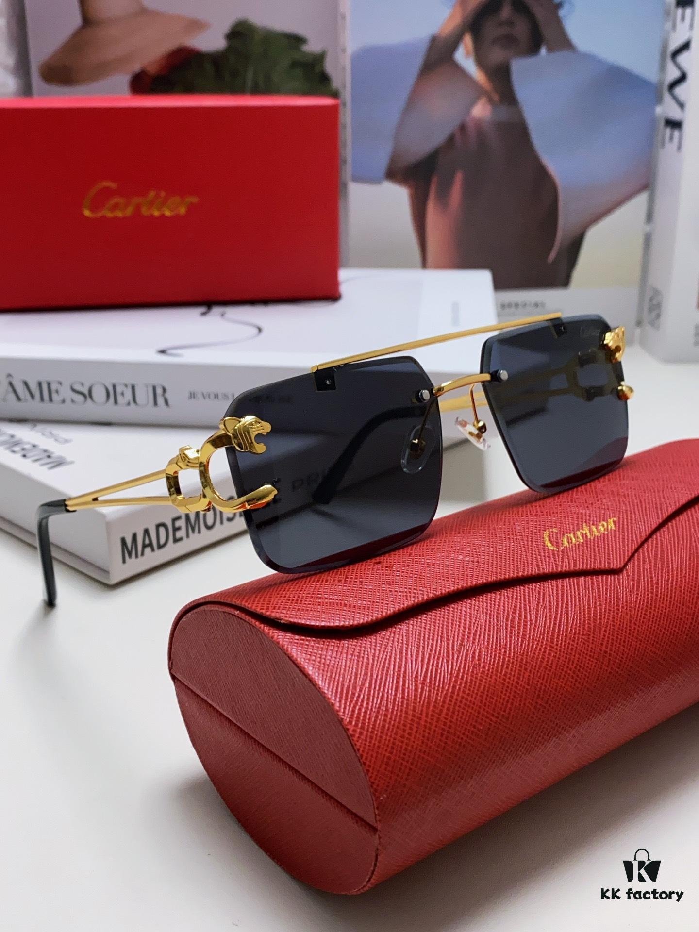 6931fc063a89a121ed54c91d Cartier Unisex Double-Bar Cutout Rimless Sunglasses with Leopard Head Ornament, Vintage Bold and Elegant Style