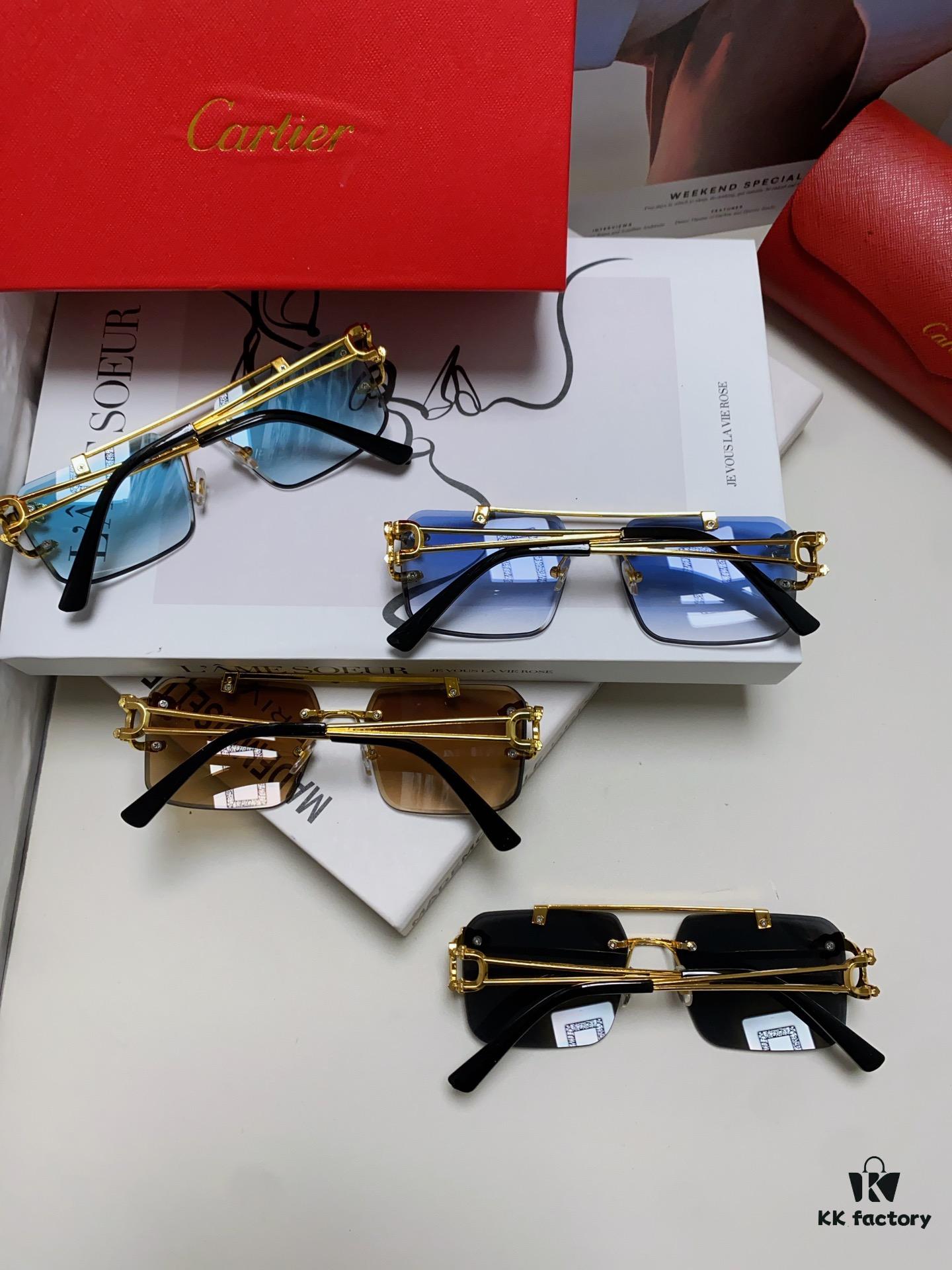6931fc063a89a121ed54c91e Cartier Unisex Double-Bar Cutout Rimless Sunglasses with Leopard Head Ornament, Vintage Bold and Elegant Style