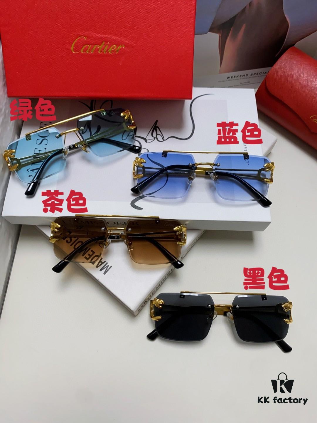 6931fc063a89a121ed54c91f Cartier Unisex Double-Bar Cutout Rimless Sunglasses with Leopard Head Ornament, Vintage Bold and Elegant Style