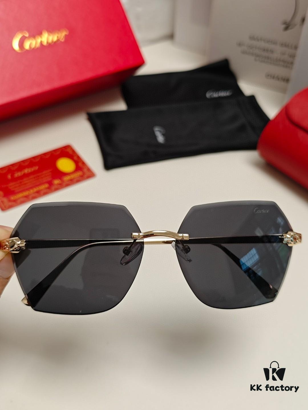 Cartier 2024 New Unframed Sunglasses for Women, Classic Leopard Print Temples, Diamond-Cut Edges, Gradient Lenses, Oversized Luxury Sunglasses