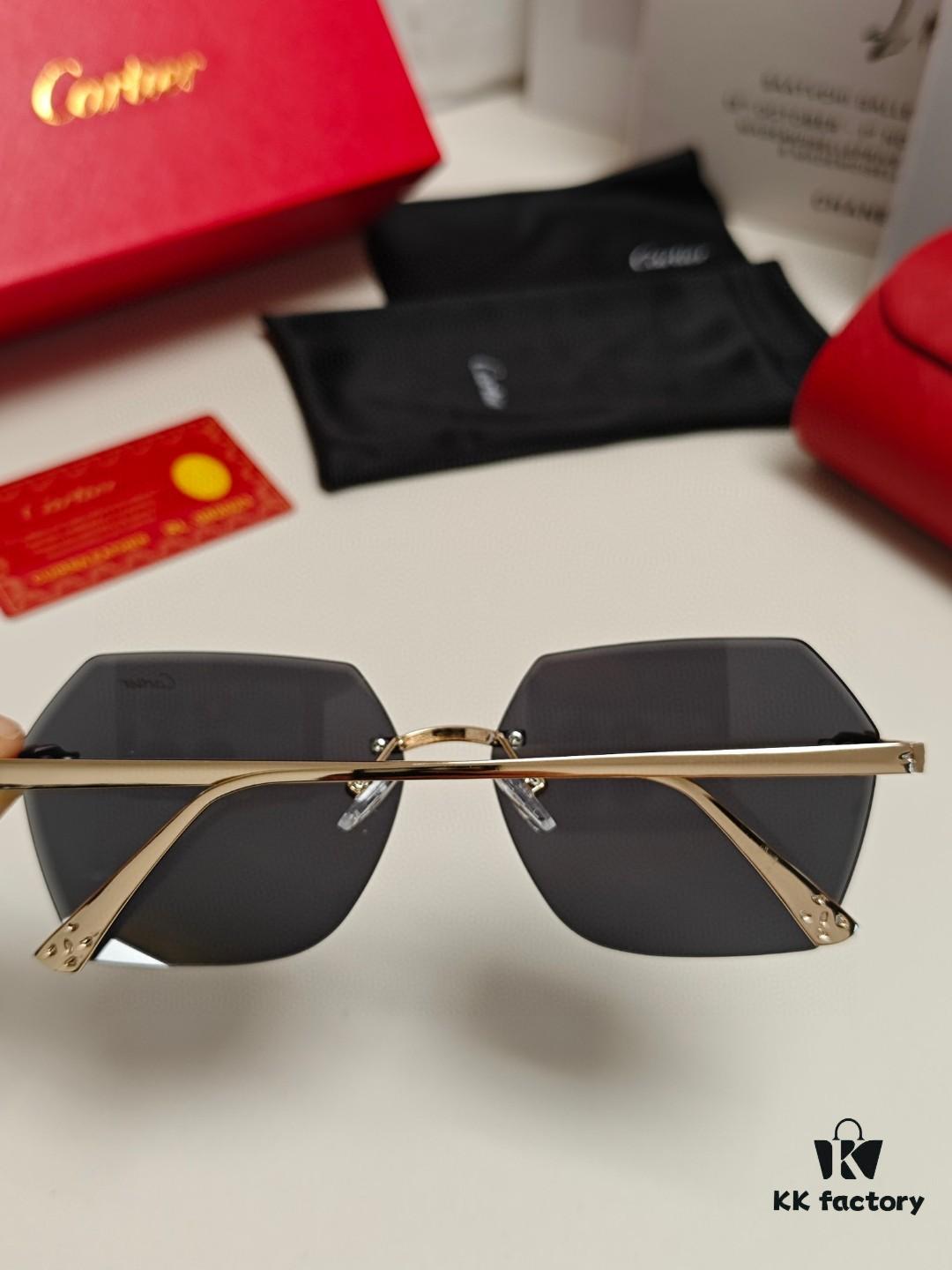 Cartier 2024 New Unframed Sunglasses for Women, Classic Leopard Print Temples, Diamond-Cut Edges, Gradient Lenses, Oversized Luxury Sunglasses