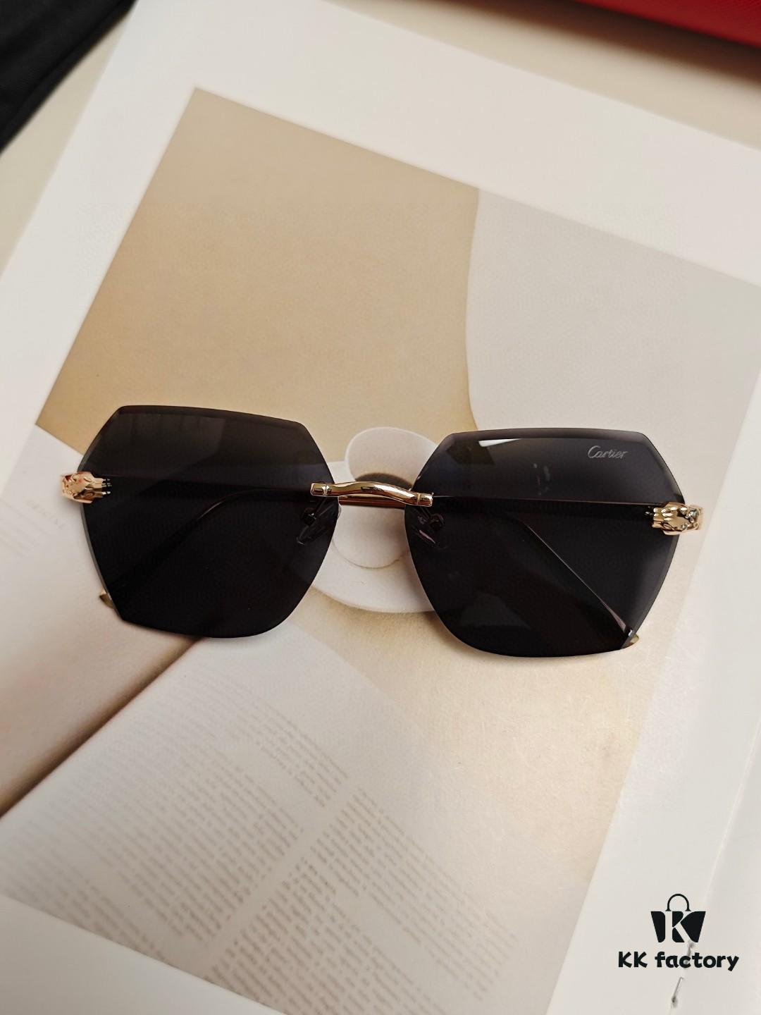 Cartier 2024 New Unframed Sunglasses for Women, Classic Leopard Print Temples, Diamond-Cut Edges, Gradient Lenses, Oversized Luxury Sunglasses