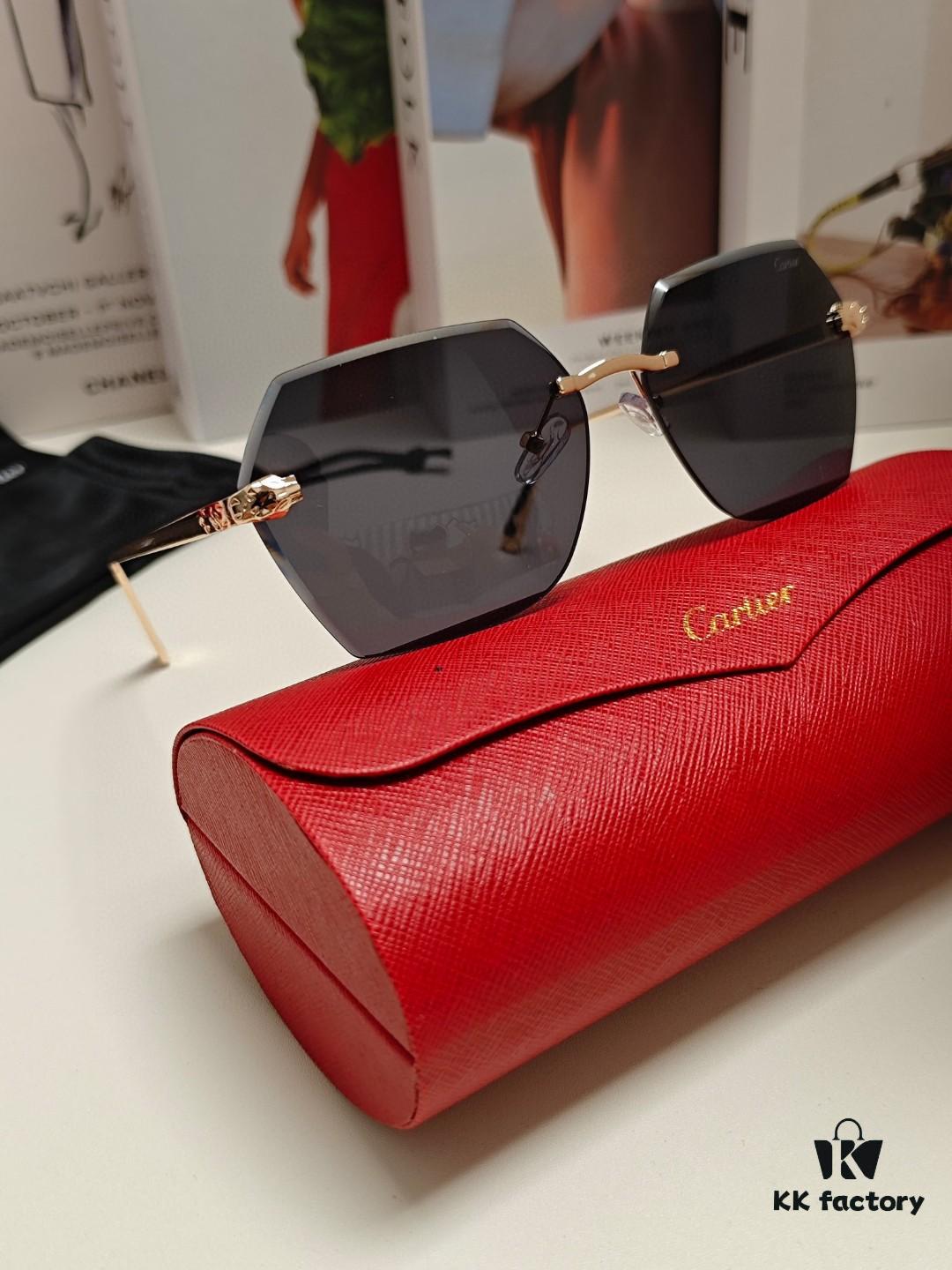 Cartier 2024 New Unframed Sunglasses for Women, Classic Leopard Print Temples, Diamond-Cut Edges, Gradient Lenses, Oversized Luxury Sunglasses