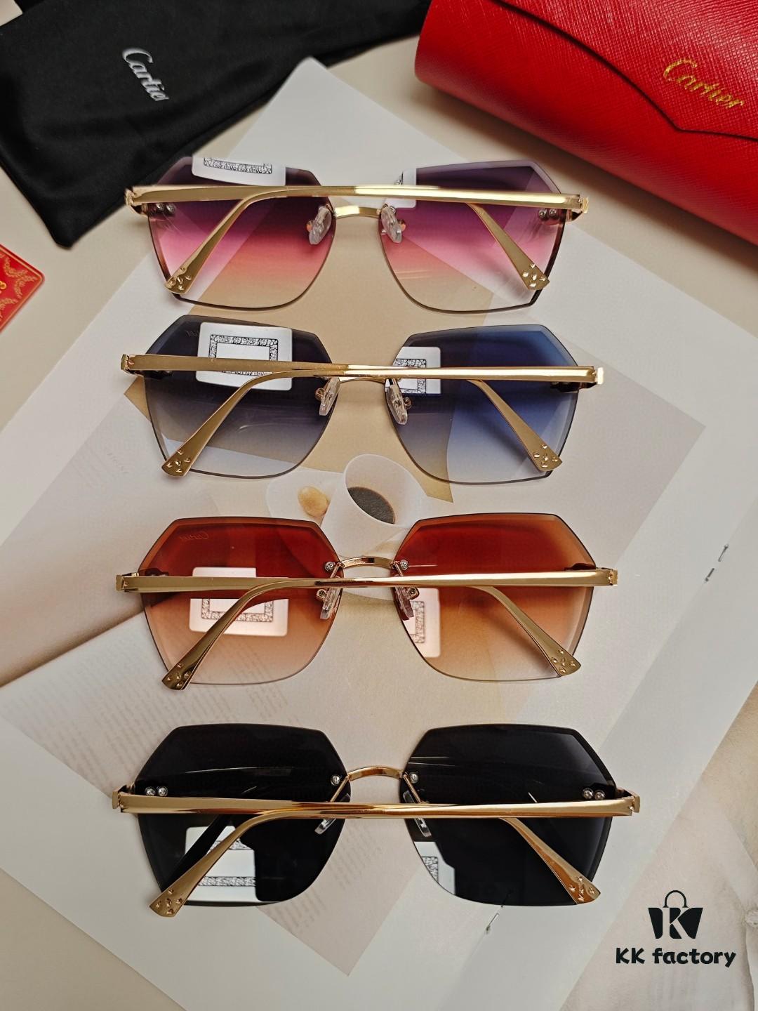 Cartier 2024 New Unframed Sunglasses for Women, Classic Leopard Print Temples, Diamond-Cut Edges, Gradient Lenses, Oversized Luxury Sunglasses