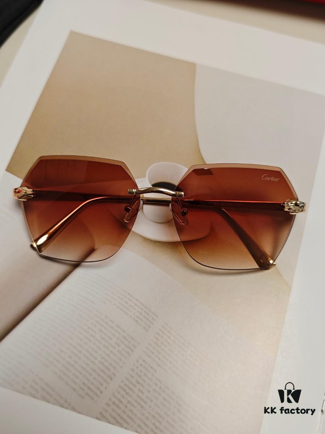 6931fc743a89a121ed54cefb Cartier 2024 New Collection Frameless Sunglasses for Women, Classic Leopard Print Temples, Diamond-Cut Edges, Gradient Lenses, Oversized Luxury Design