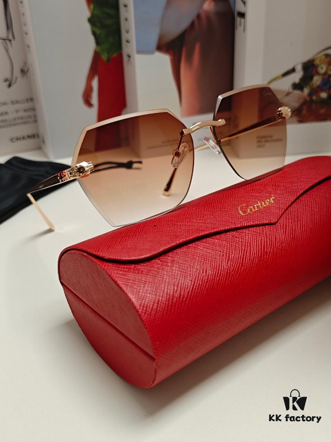 6931fc743a89a121ed54cefc Cartier 2024 New Collection Frameless Sunglasses for Women, Classic Leopard Print Temples, Diamond-Cut Edges, Gradient Lenses, Oversized Luxury Design