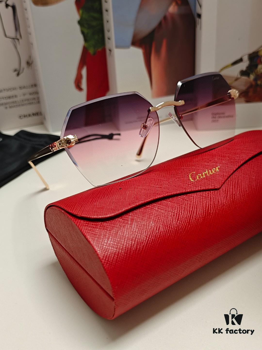 6931fc763a89a121ed54cf0e Cartier 2024 New Collection Frameless Sunglasses for Women, Classic Leopard Print Temples, Diamond-Cut Edges, Gradient Lenses, Oversized Luxury Design