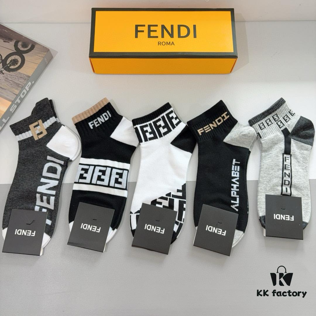 6931fca33a89a121ed54d13e FENDI Fen Di Double F Letter Best-Selling Short Socks (5 Pairs per Box)