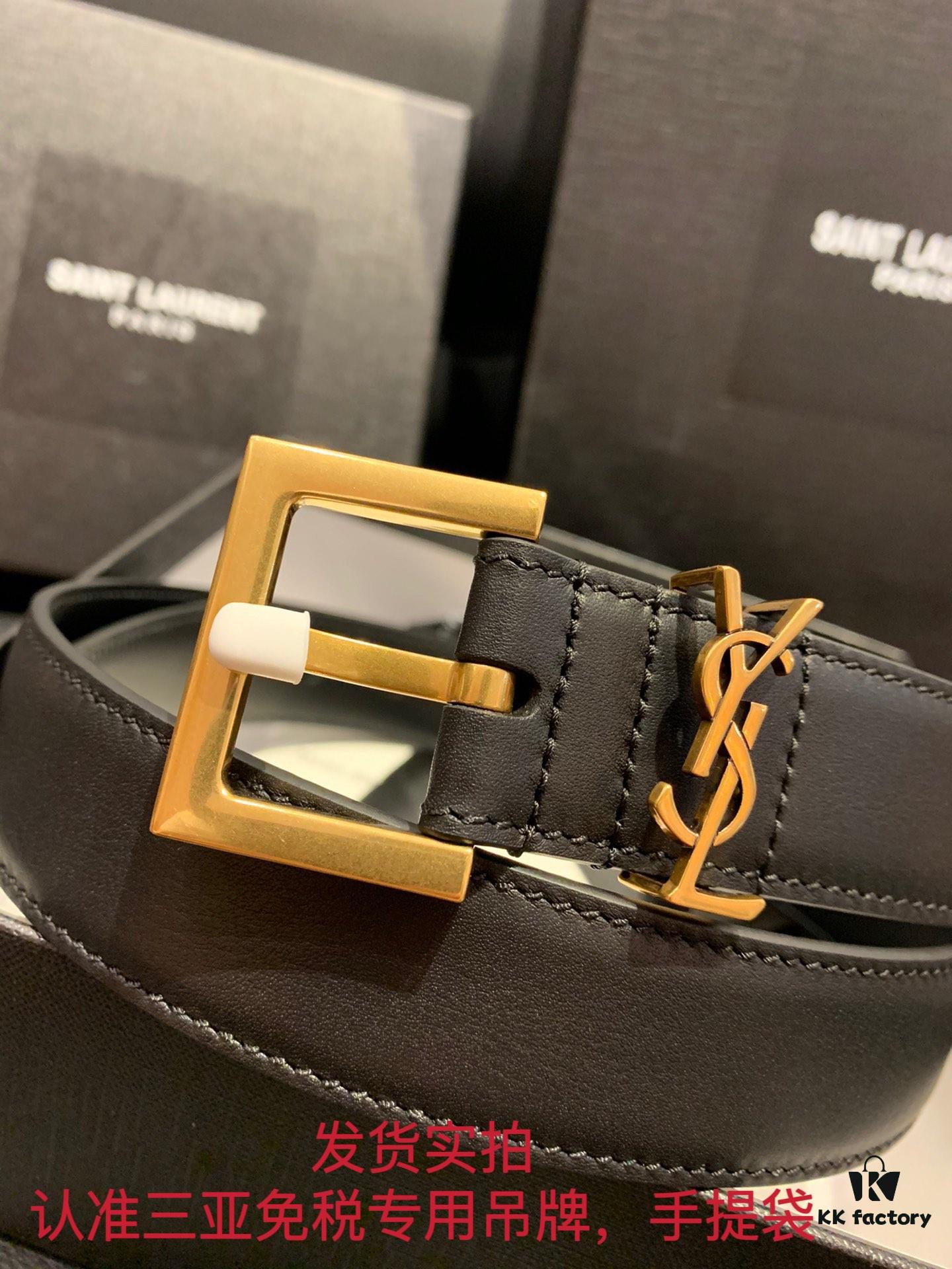 693200133a89a121ed54fca6 Authentic YSL Leather Belt with Needle Buckle, 3.0 cm Width, Full-Grain Calfskin, Premium Antique Brass Hardware