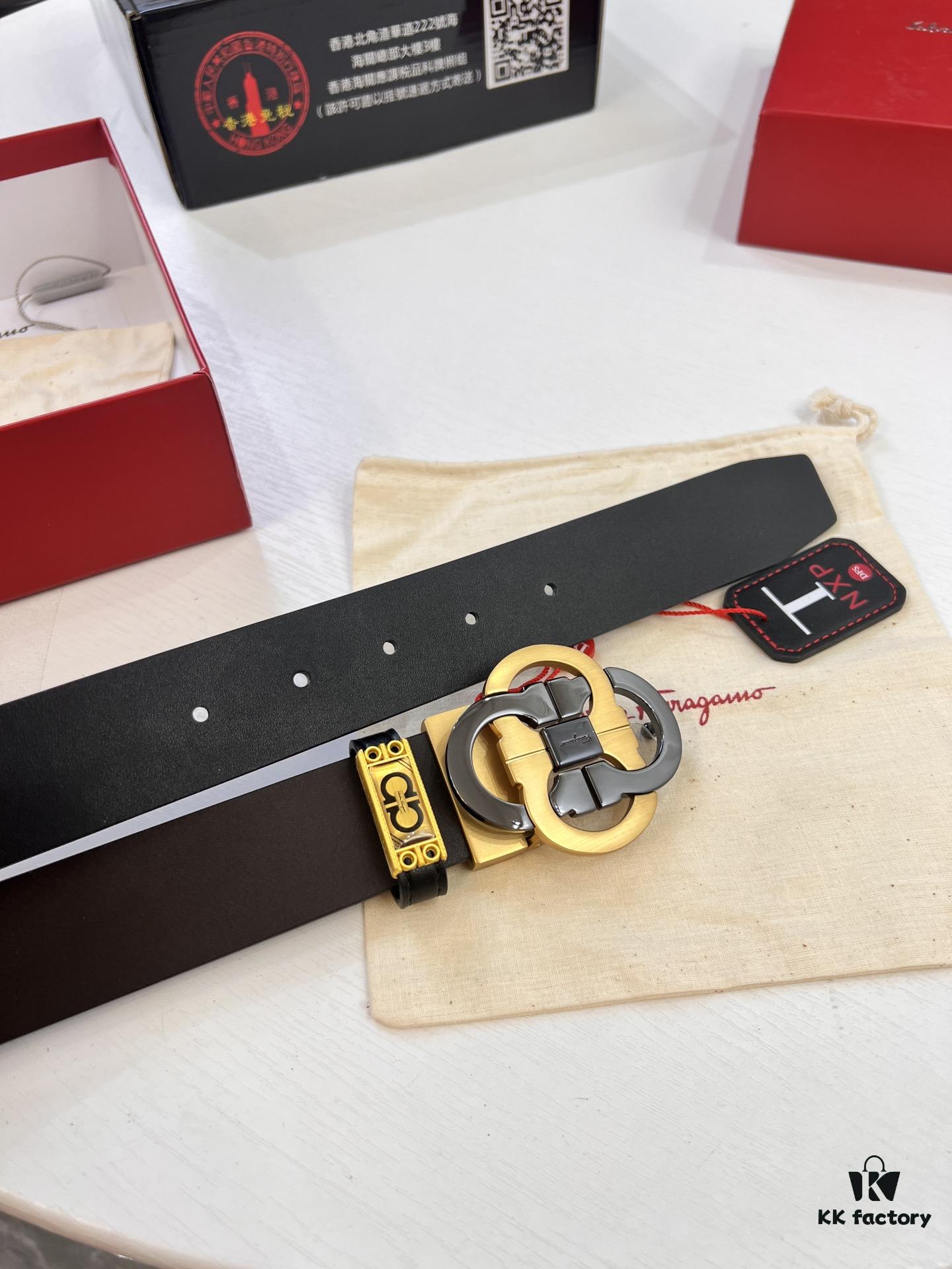 Salvatore Ferragamo Men's Belt, Genuine Imported Full-Grain Calfskin, Reversible Design, 3.5cm Width, Precision 8-Shaped Steel Hardware, Customizable Length