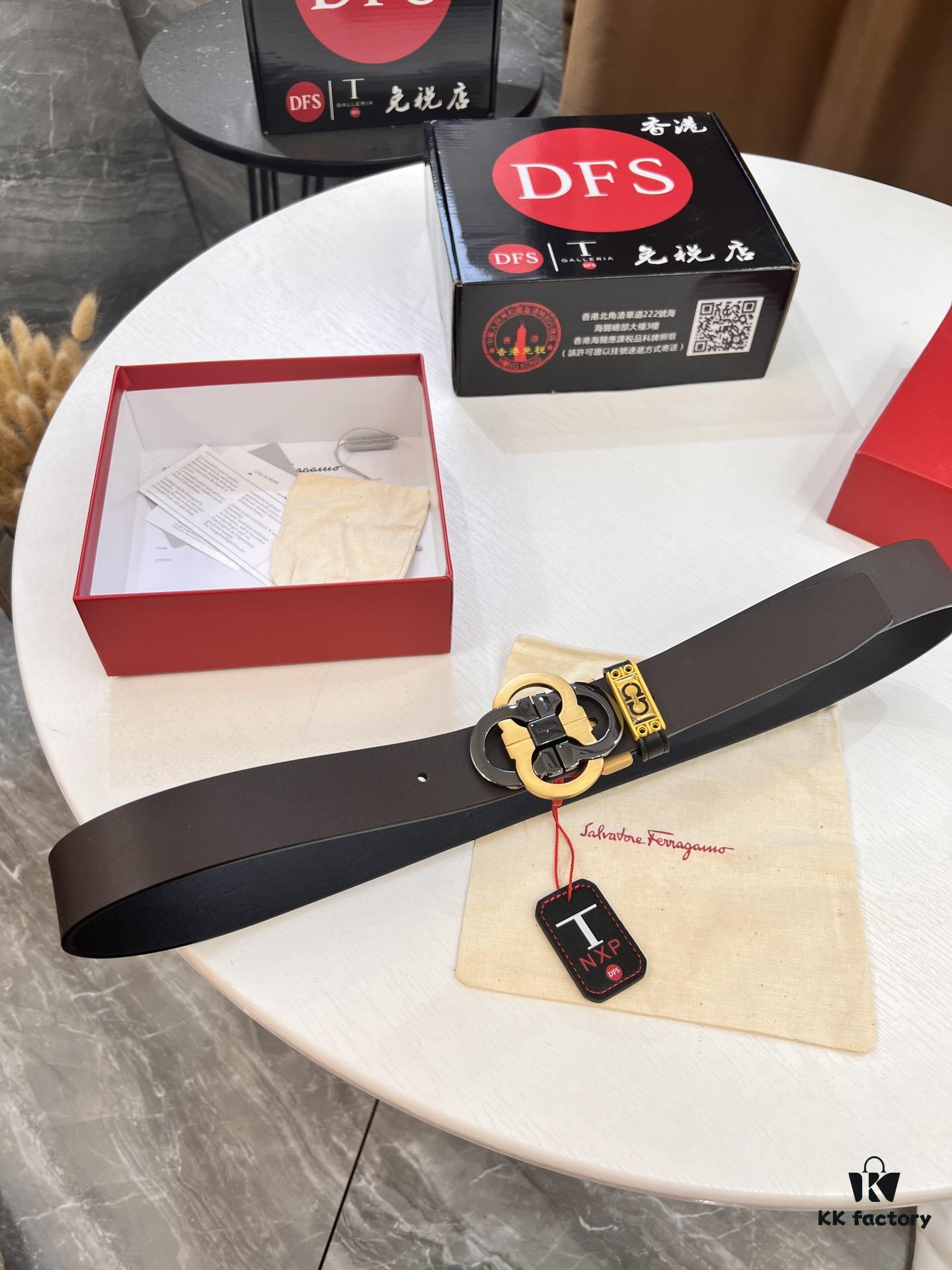Salvatore Ferragamo Men's Belt, Genuine Imported Full-Grain Calfskin, Reversible Design, 3.5cm Width, Precision 8-Shaped Steel Hardware, Customizable Length