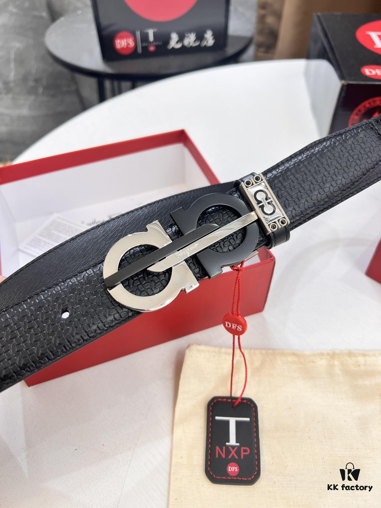 693200193a89a121ed54fce0 Ferragamo Men's Belt, Genuine Imported Grain Leather, Reversible Design, 3.5cm Width, New Simple Steel Hardware, Perfect for Gifting