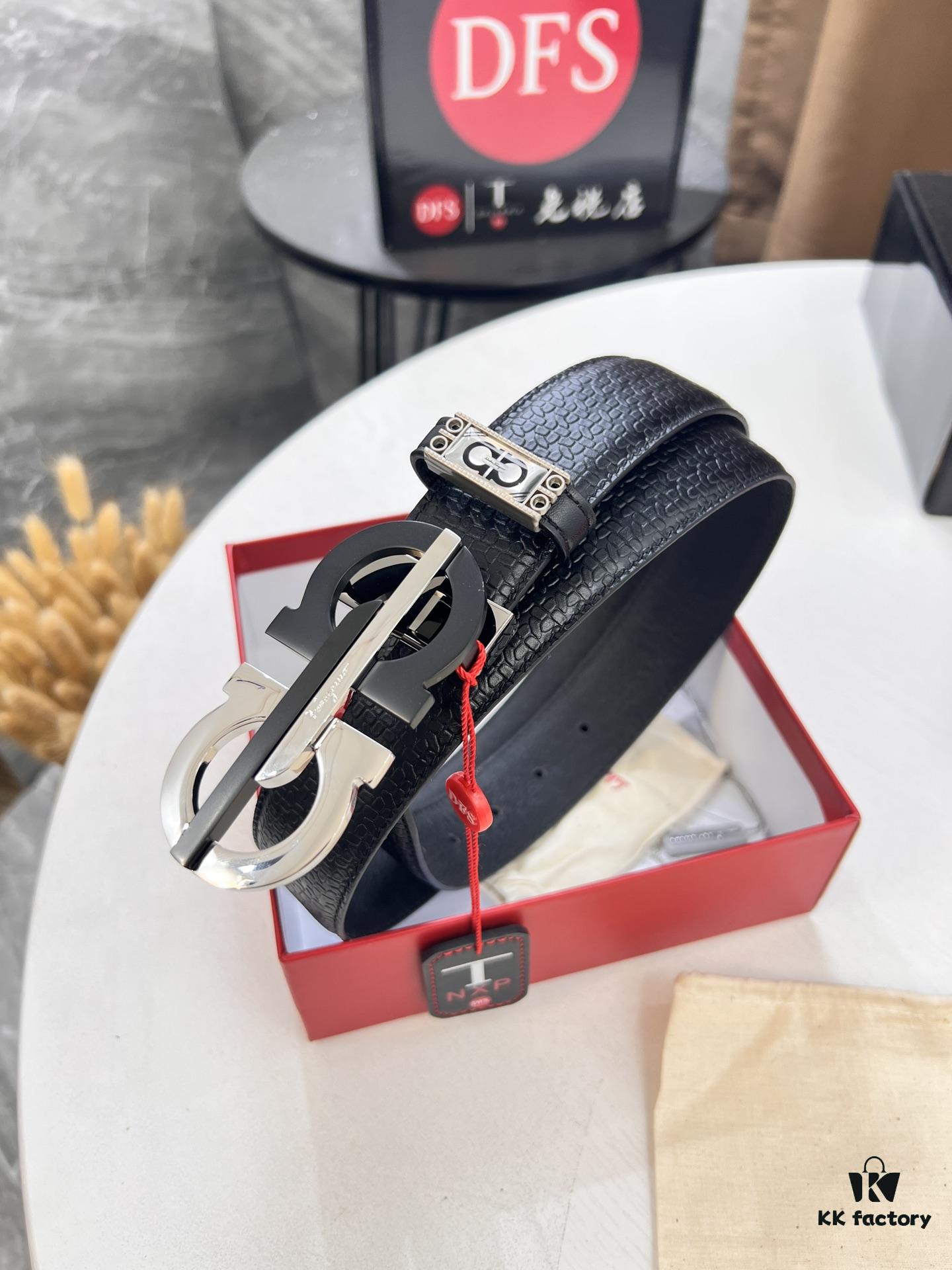 693200193a89a121ed54fce2 Ferragamo Men's Belt, Genuine Imported Grain Leather, Reversible Design, 3.5cm Width, New Simple Steel Hardware, Perfect for Gifting