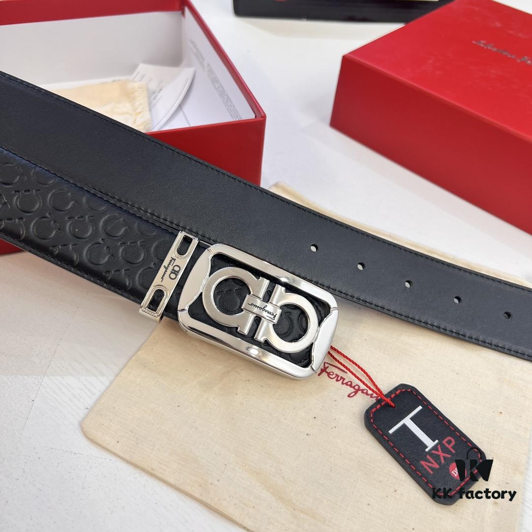 6932001f3a89a121ed54fd28 Top-tier Salvatore Ferragamo Men's Leather Belt, Authentic Hong Kong Duty-Free Gift Box, 8-Shape Original Hardware, Imported Calfskin with Embossed Logo, NFC Chip NXP, 3.8cm Width, Customizable Length