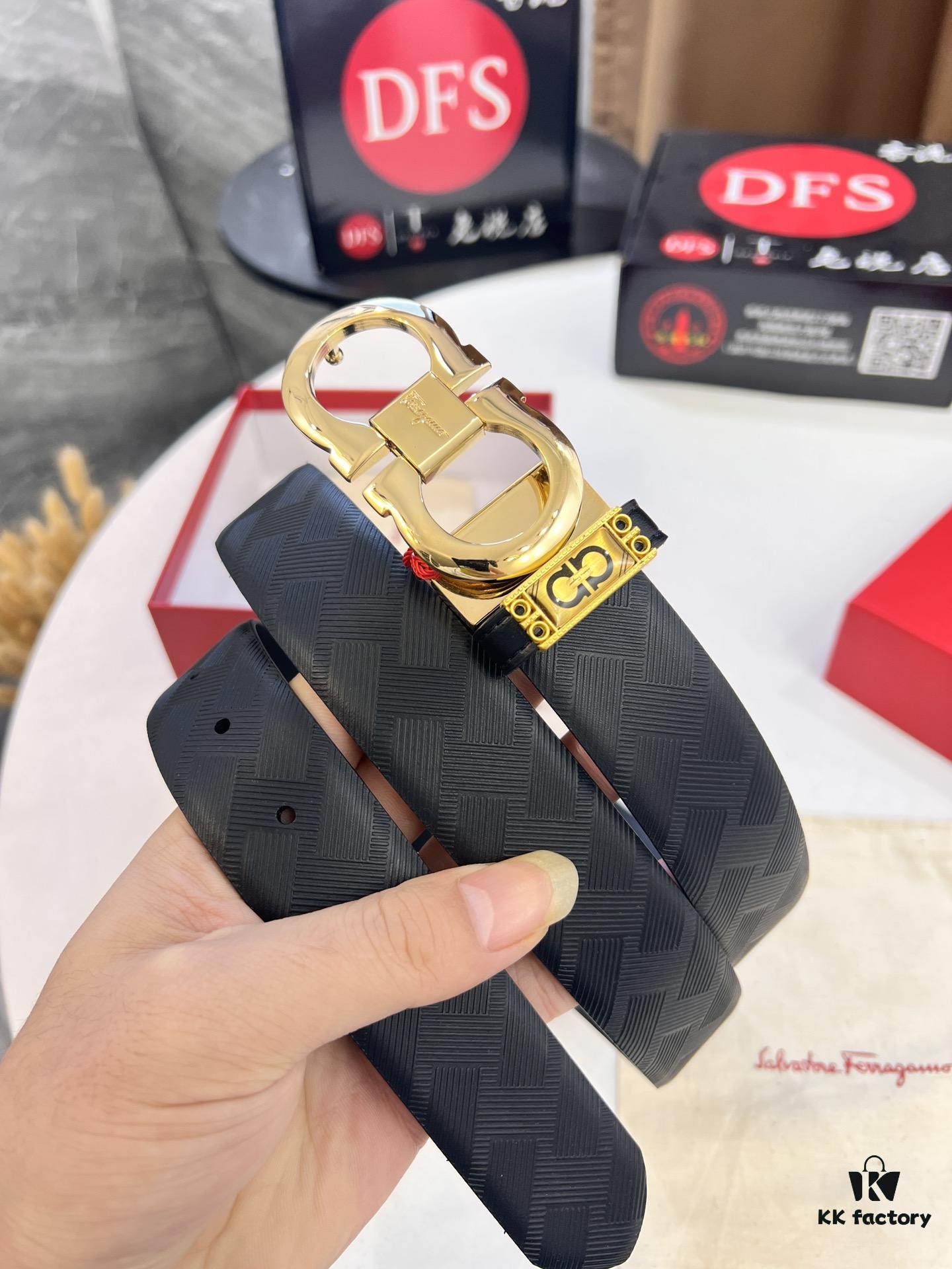 6932001f3a89a121ed54fd2e Salvatore Ferragamo Men's Belt, Genuine Top-Layer Calfskin with Embossed Stripe Pattern, Double-Sided Wear, 3.5cm Width, H-Frame Buckle with Stainless Steel Hardware