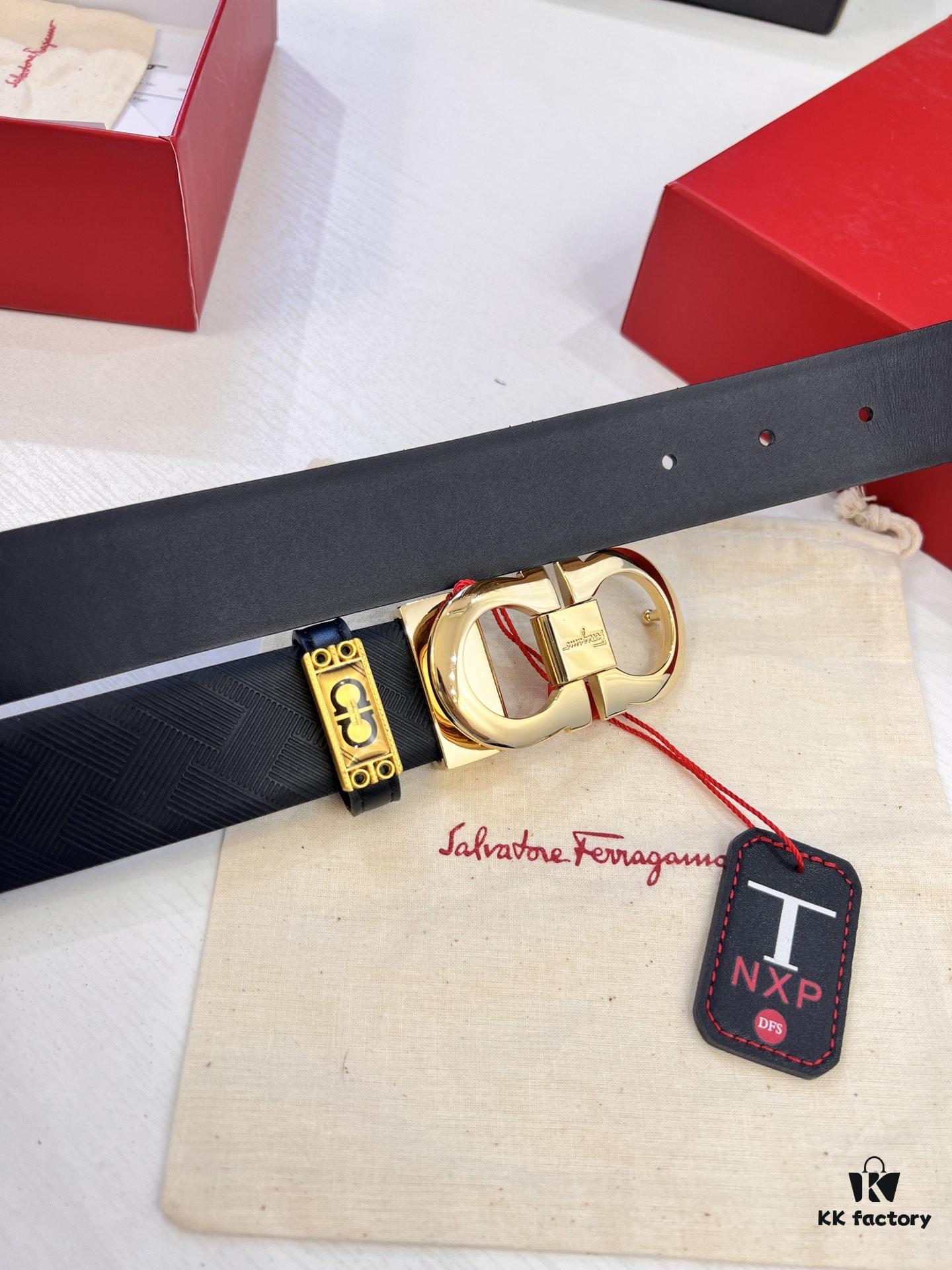 6932001f3a89a121ed54fd2f Salvatore Ferragamo Men's Belt, Genuine Top-Layer Calfskin with Embossed Stripe Pattern, Double-Sided Wear, 3.5cm Width, H-Frame Buckle with Stainless Steel Hardware