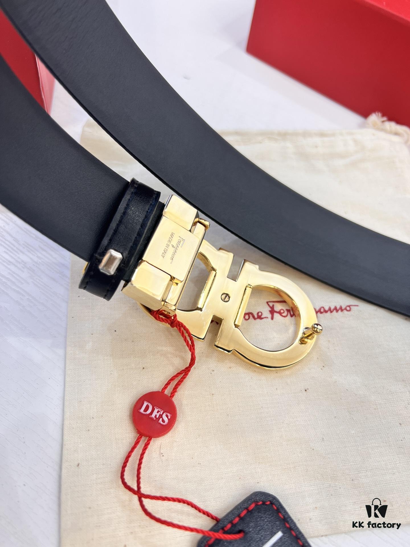 693200203a89a121ed54fd32 Salvatore Ferragamo Men's Belt, Genuine Top-Layer Calfskin with Embossed Stripe Pattern, Double-Sided Wear, 3.5cm Width, H-Frame Buckle with Stainless Steel Hardware
