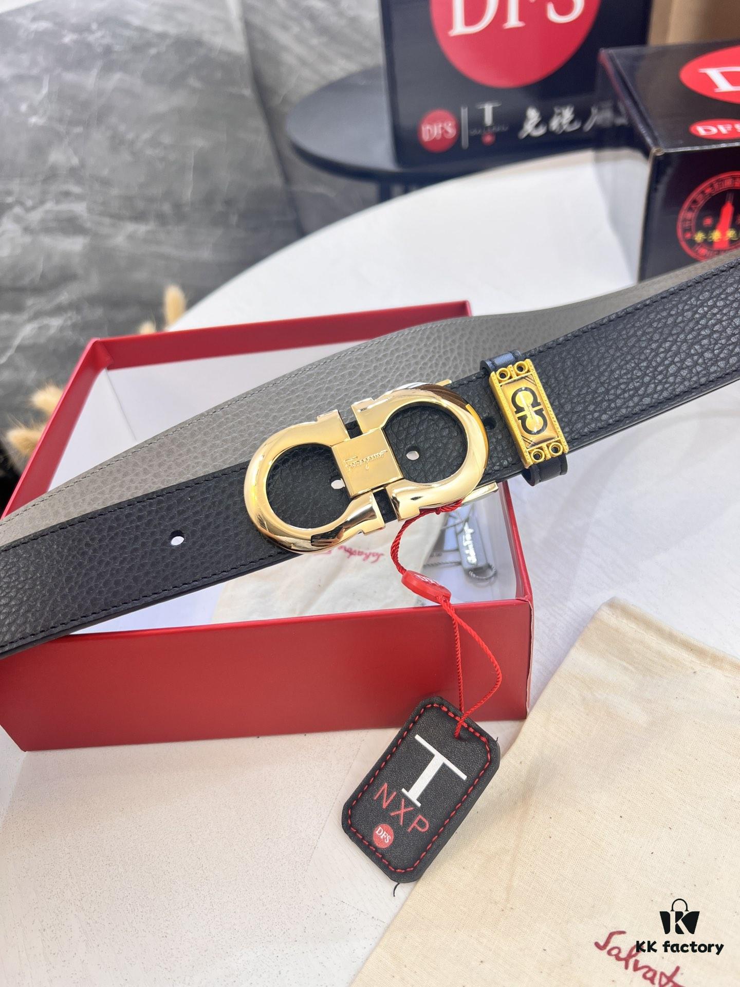 693200233a89a121ed54fd58 Ferragamo Men's Belt, Genuine First-Layer Calfskin with Crocodile Texture, Reversible Design, 3.5cm Width, Stainless Steel Buckle, Adjustable Length