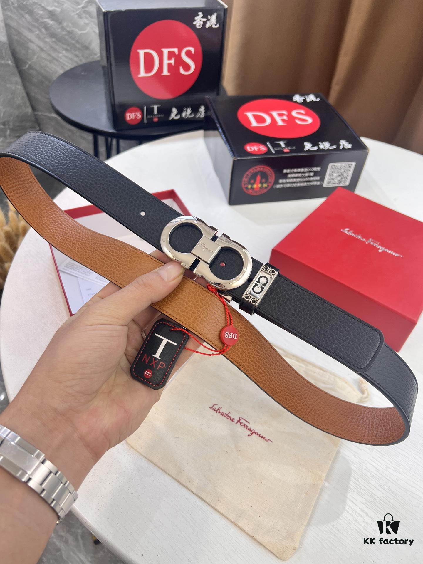 693200233a89a121ed54fd5e Salvatore Ferragamo Men's Belt, Genuine First-Layer Calf Leather, Dual-Sided Use, 3.5cm Width, Stainless Steel Hardware, Adjustable Length