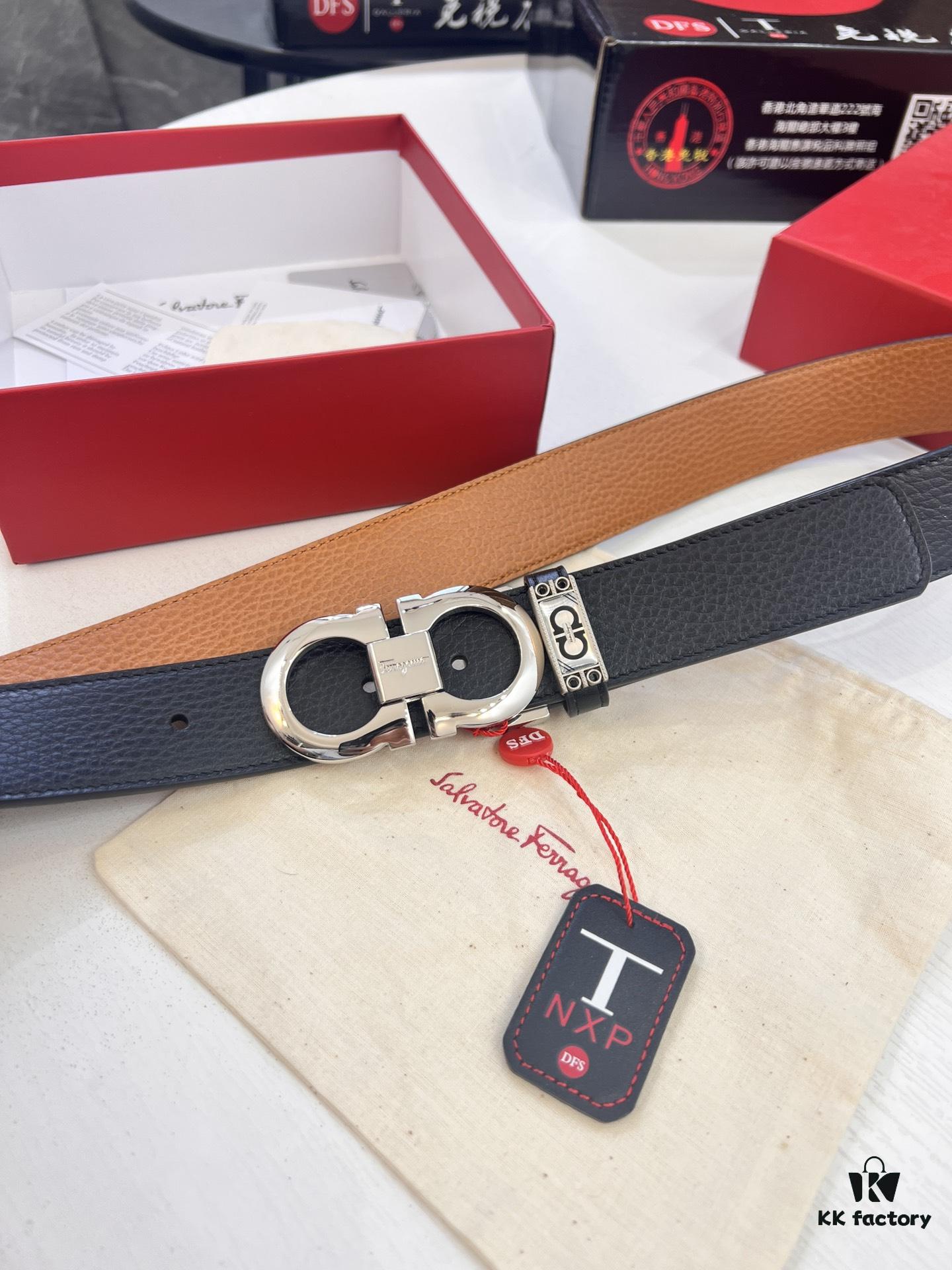693200233a89a121ed54fd5f Salvatore Ferragamo Men's Belt, Genuine First-Layer Calf Leather, Dual-Sided Use, 3.5cm Width, Stainless Steel Hardware, Adjustable Length