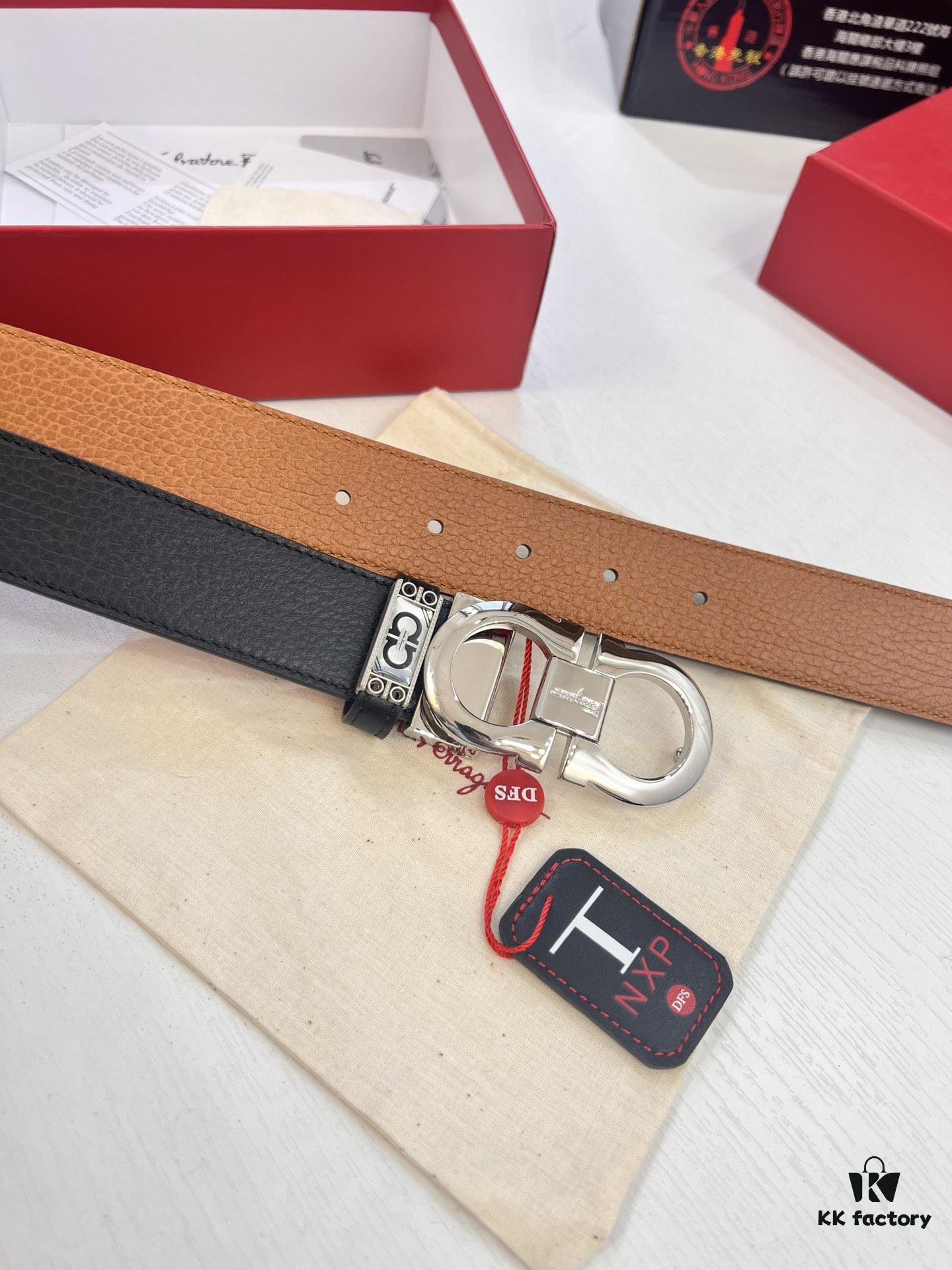 693200233a89a121ed54fd60 Salvatore Ferragamo Men's Belt, Genuine First-Layer Calf Leather, Dual-Sided Use, 3.5cm Width, Stainless Steel Hardware, Adjustable Length