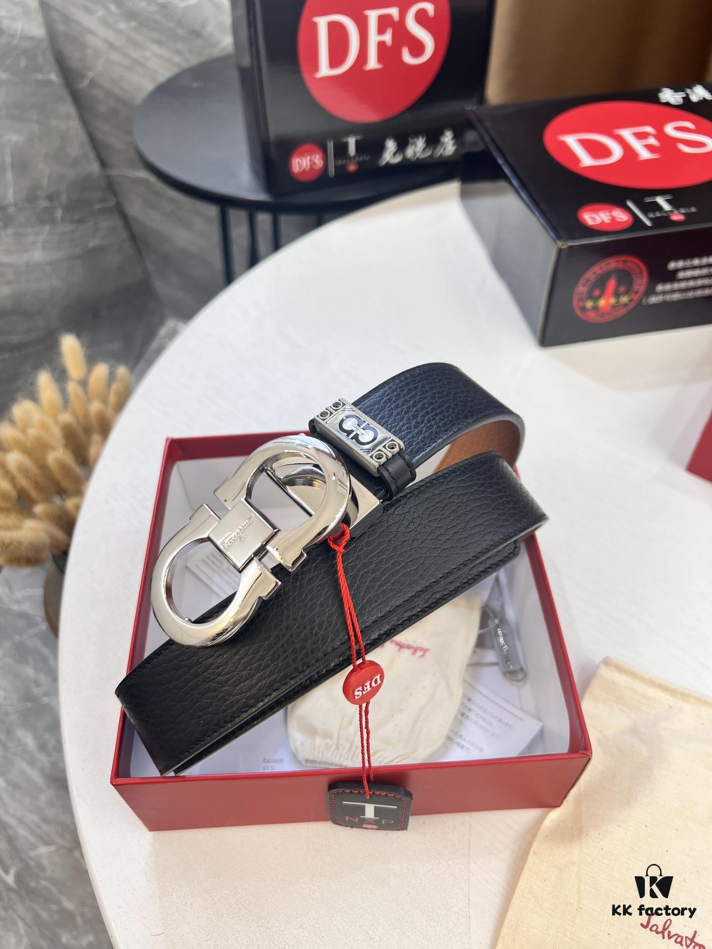 693200233a89a121ed54fd61 Salvatore Ferragamo Men's Belt, Genuine First-Layer Calf Leather, Dual-Sided Use, 3.5cm Width, Stainless Steel Hardware, Adjustable Length