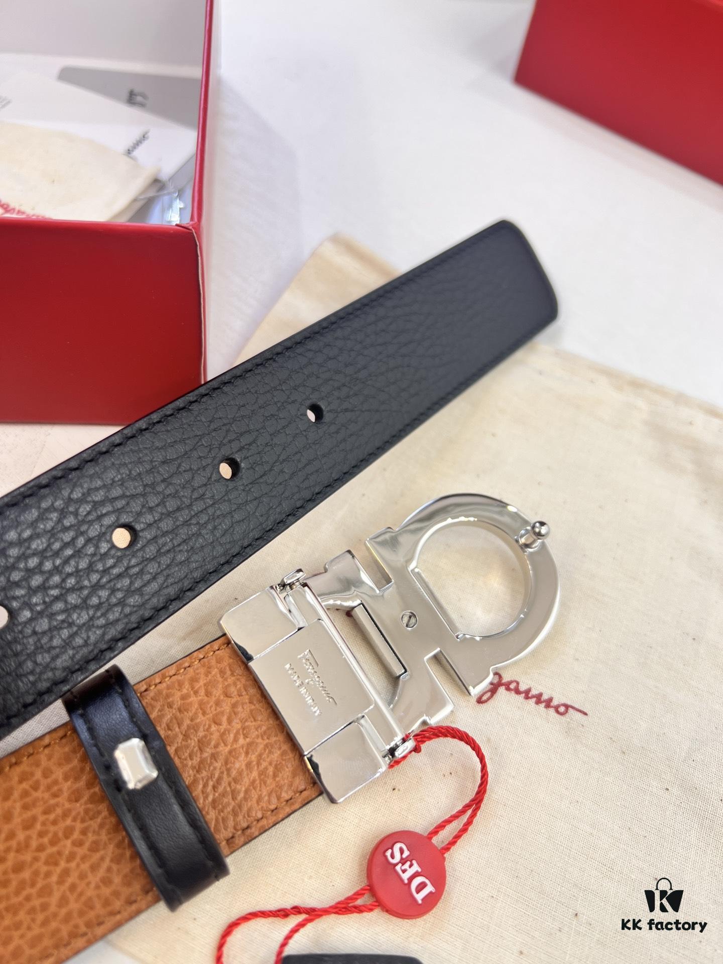 693200233a89a121ed54fd62 Salvatore Ferragamo Men's Belt, Genuine First-Layer Calf Leather, Dual-Sided Use, 3.5cm Width, Stainless Steel Hardware, Adjustable Length