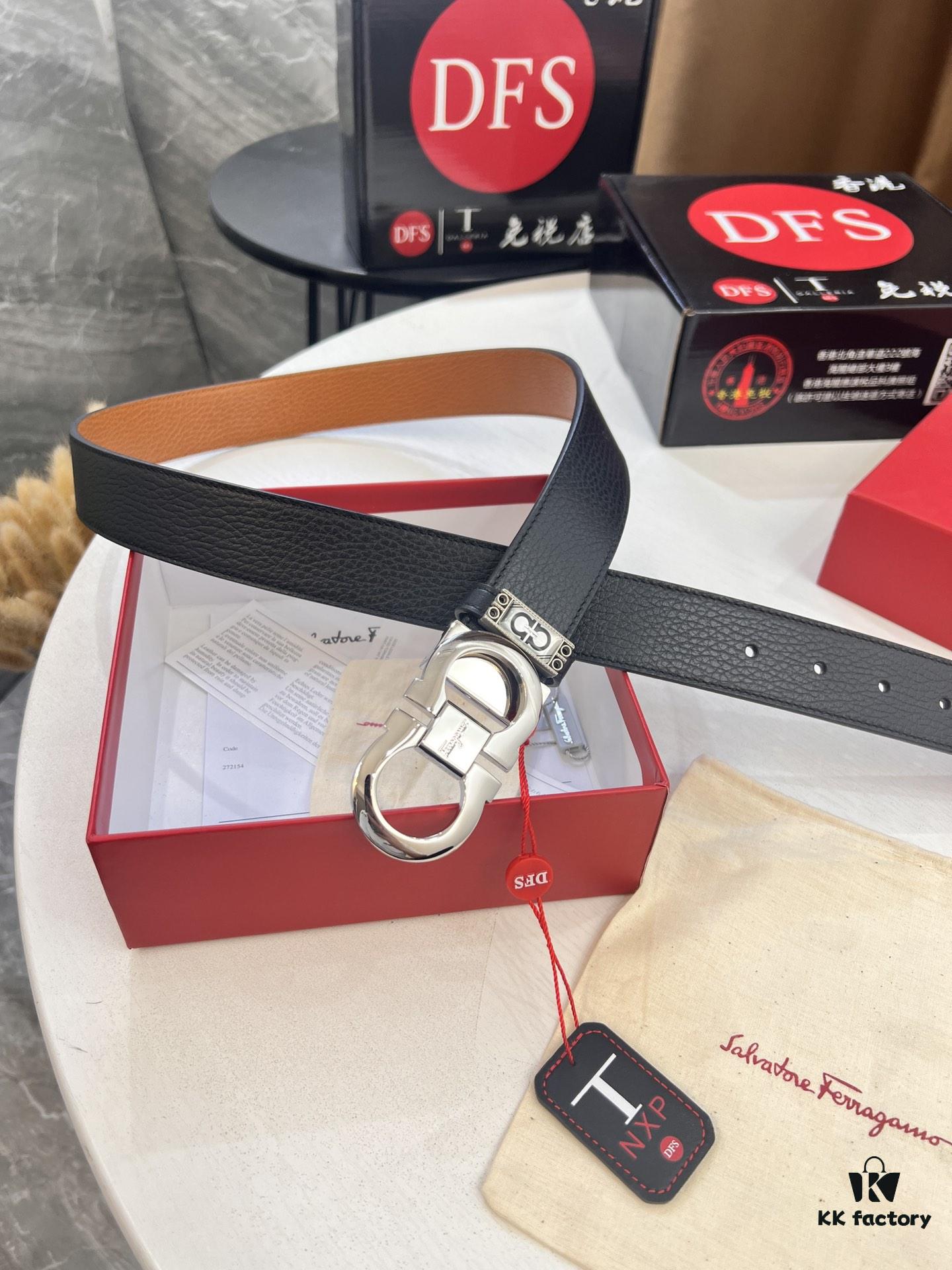 693200233a89a121ed54fd63 Salvatore Ferragamo Men's Belt, Genuine First-Layer Calf Leather, Dual-Sided Use, 3.5cm Width, Stainless Steel Hardware, Adjustable Length