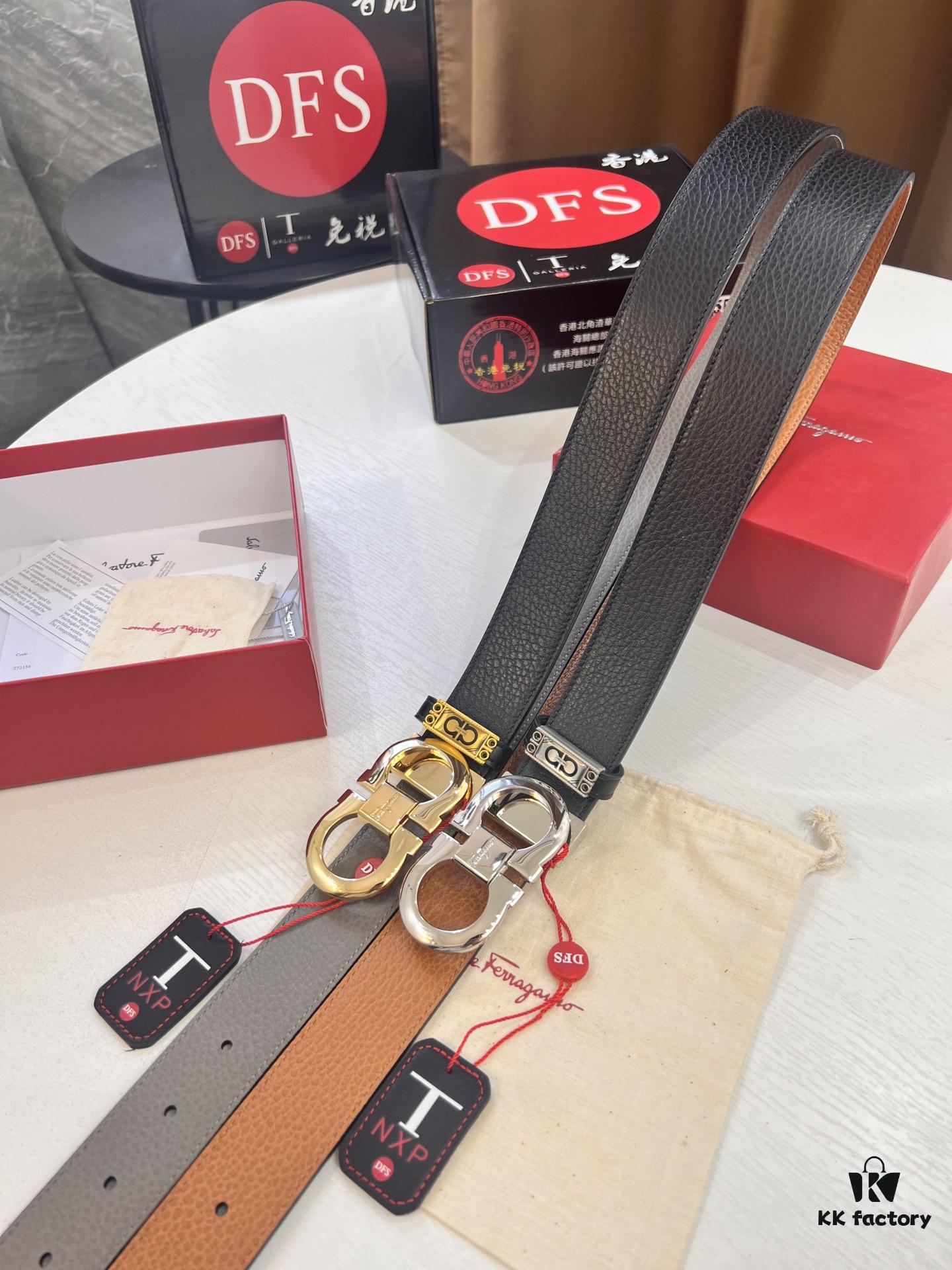 693200243a89a121ed54fd64 Salvatore Ferragamo Men's Belt, Genuine First-Layer Calf Leather, Dual-Sided Use, 3.5cm Width, Stainless Steel Hardware, Adjustable Length