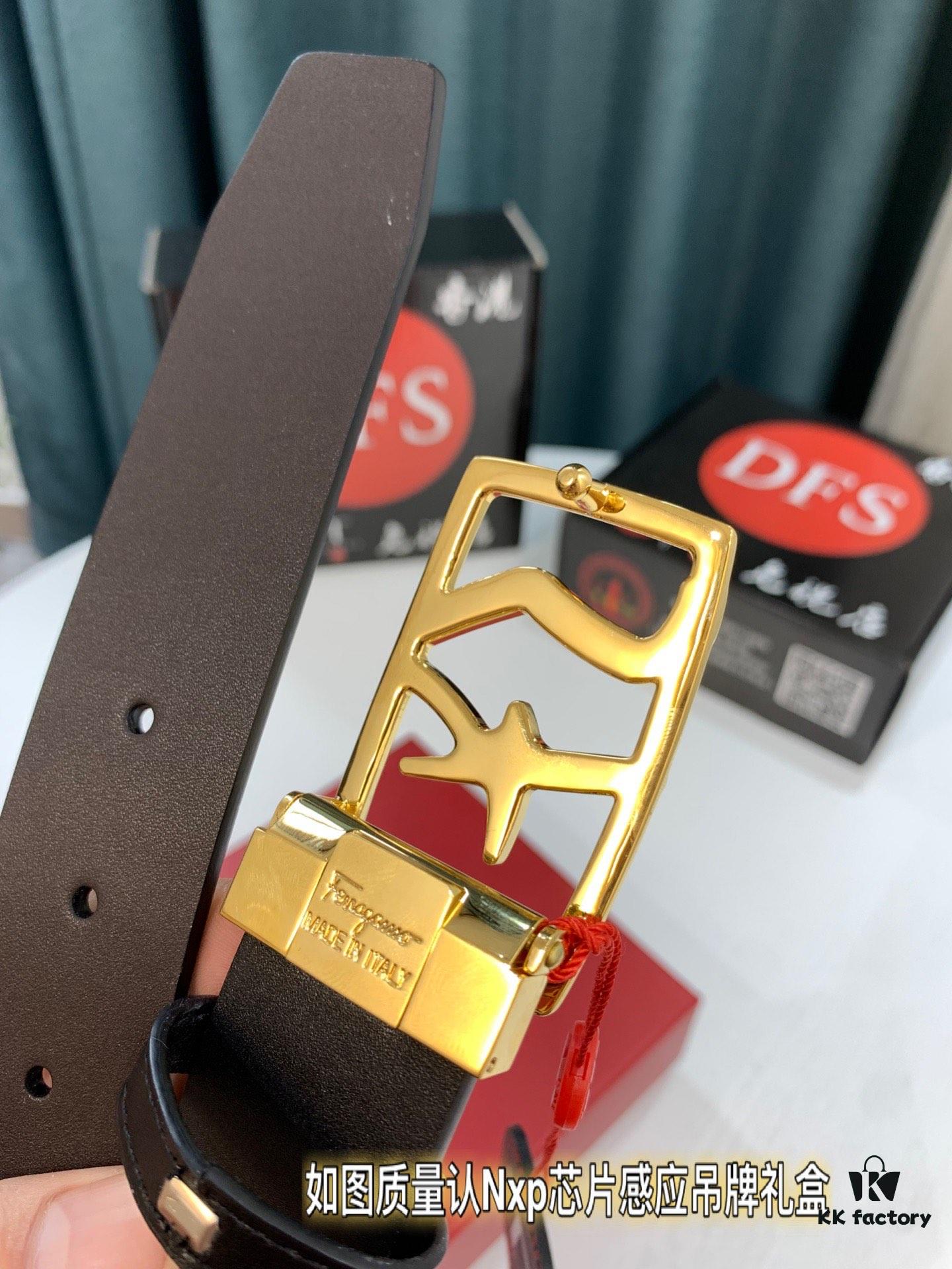 693200243a89a121ed54fd69 Shop Owner Recommended Trumpet Trumpet Salvatore Ferragamo Men's Belt, Genuine Leather Double-Sided Use, 3.5cm Width, Original Imported Full-Grain Calfskin with Figure-8 Stainless Steel Hardware