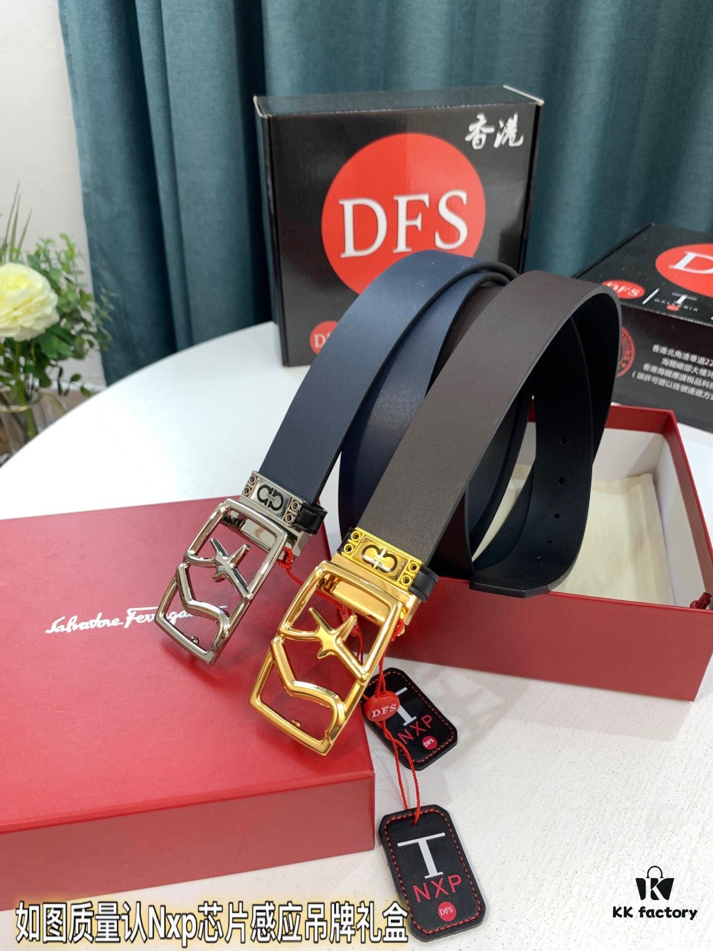 693200243a89a121ed54fd6b Shop Owner Recommended Trumpet Trumpet Salvatore Ferragamo Men's Belt, Genuine Leather Double-Sided Use, 3.5cm Width, Original Imported Full-Grain Calfskin with Figure-8 Stainless Steel Hardware