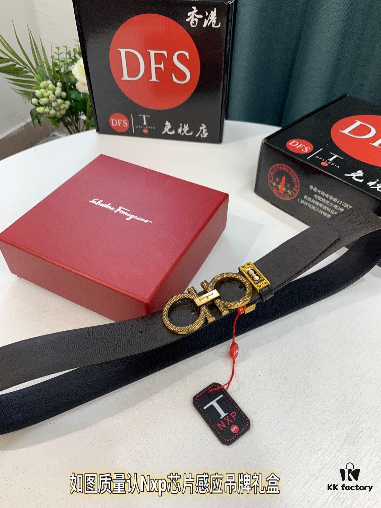 6932002b3a89a121ed54fdc1 Salvatore Ferragamo Men's Belt, Genuine First-Layer Calfskin, Dual-Sided Use, 3.5cm Width, Aged '8' Steel Hardware, Authentic Duty-Free Packaged with NXP Chip Verification